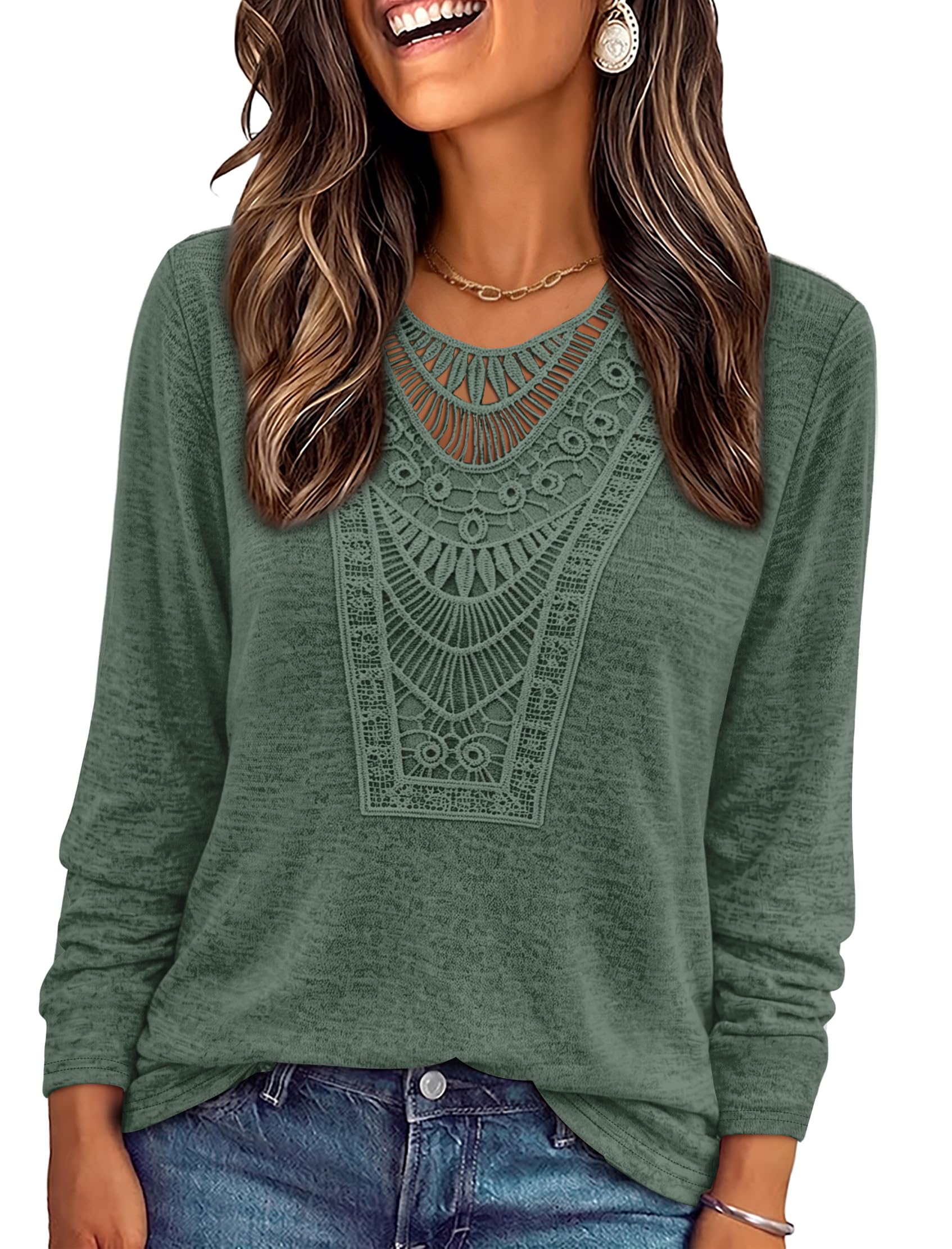 OFEEFAN Long Sleeve Shirts for Women Boho Tops Trendy Blouses Dressy Casual