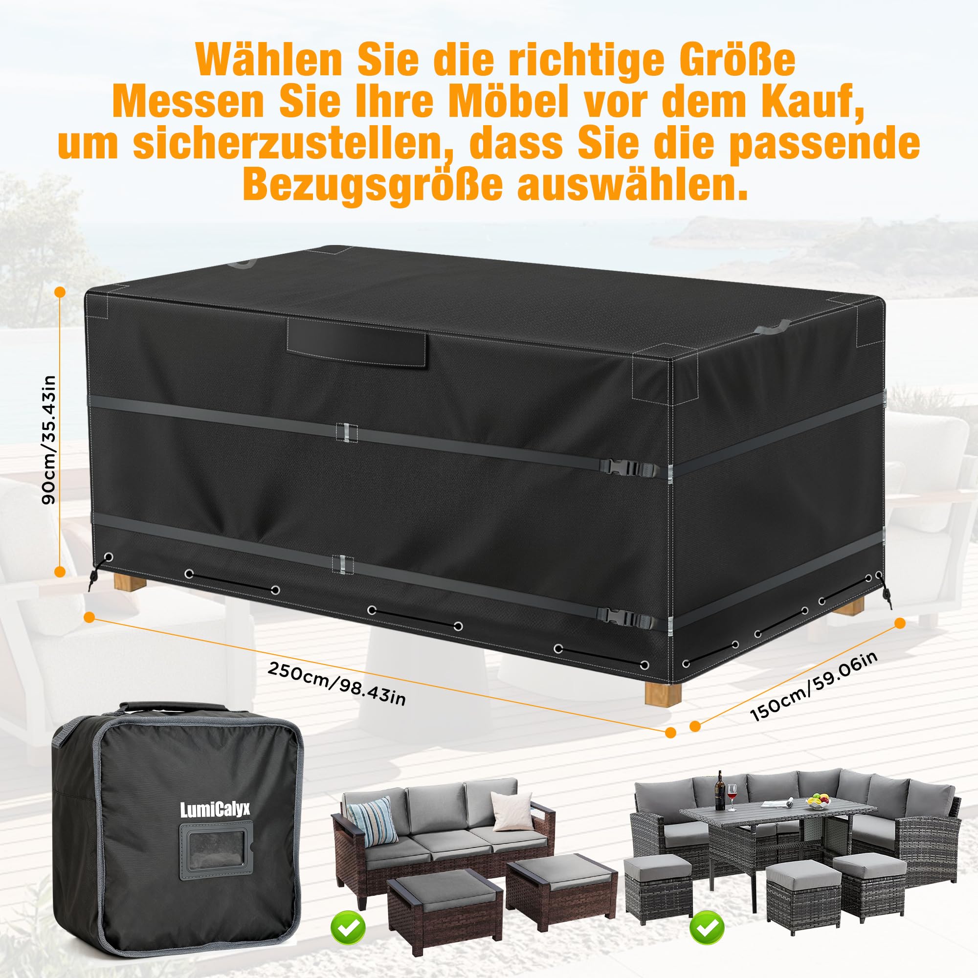 Gartenmöbel Abdeckung 600D Oxford Wasserdicht Winterfest Schutzhülle – UV-Beständig, Reißfest, Wetterfest, 250 x 150 x 90 cm, für Gartentisch und Stuhl Set