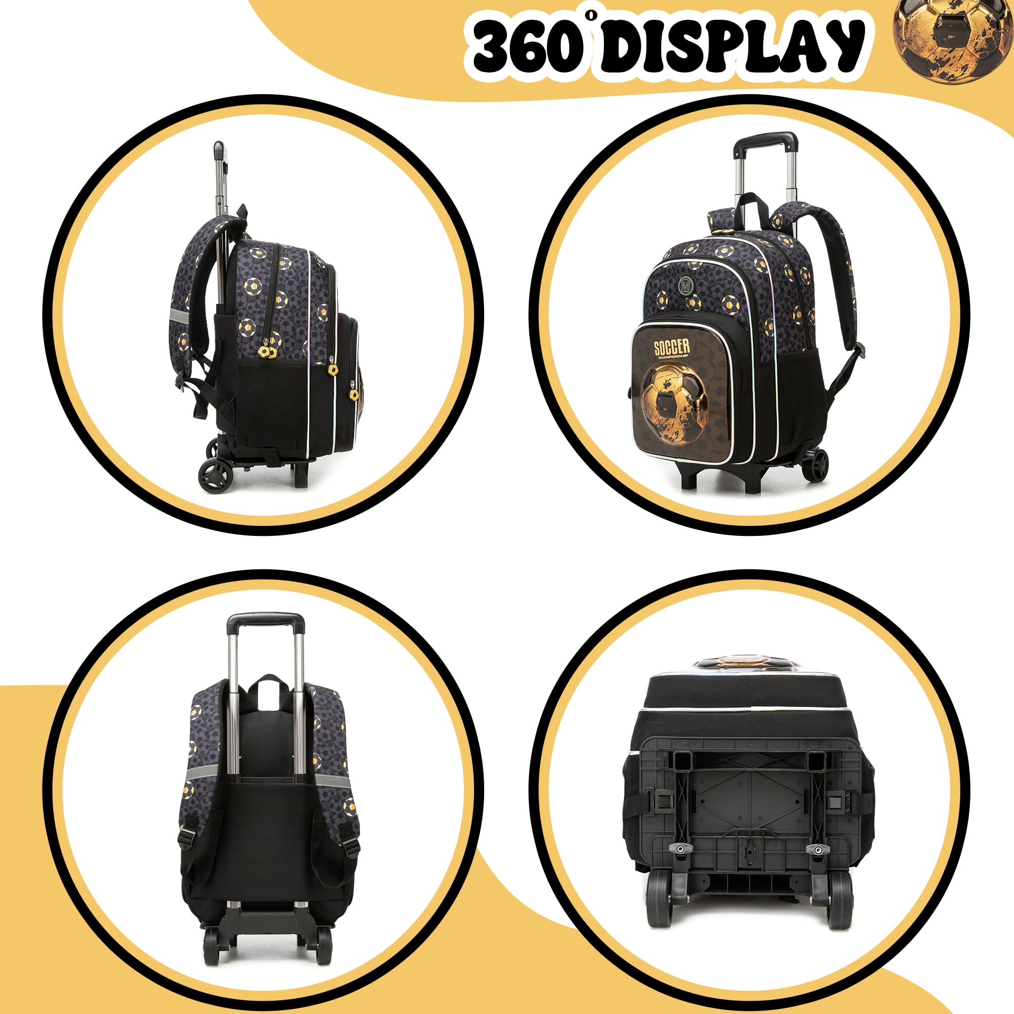 HTgroce Schulrucksack Trolley Jungen Fußball – 5-Teiliges Set Schulranzen mit Rollen – Inkl. Lunchtasche, Federmäppchen, Tagebuch & Schreibwaren – Einschulung