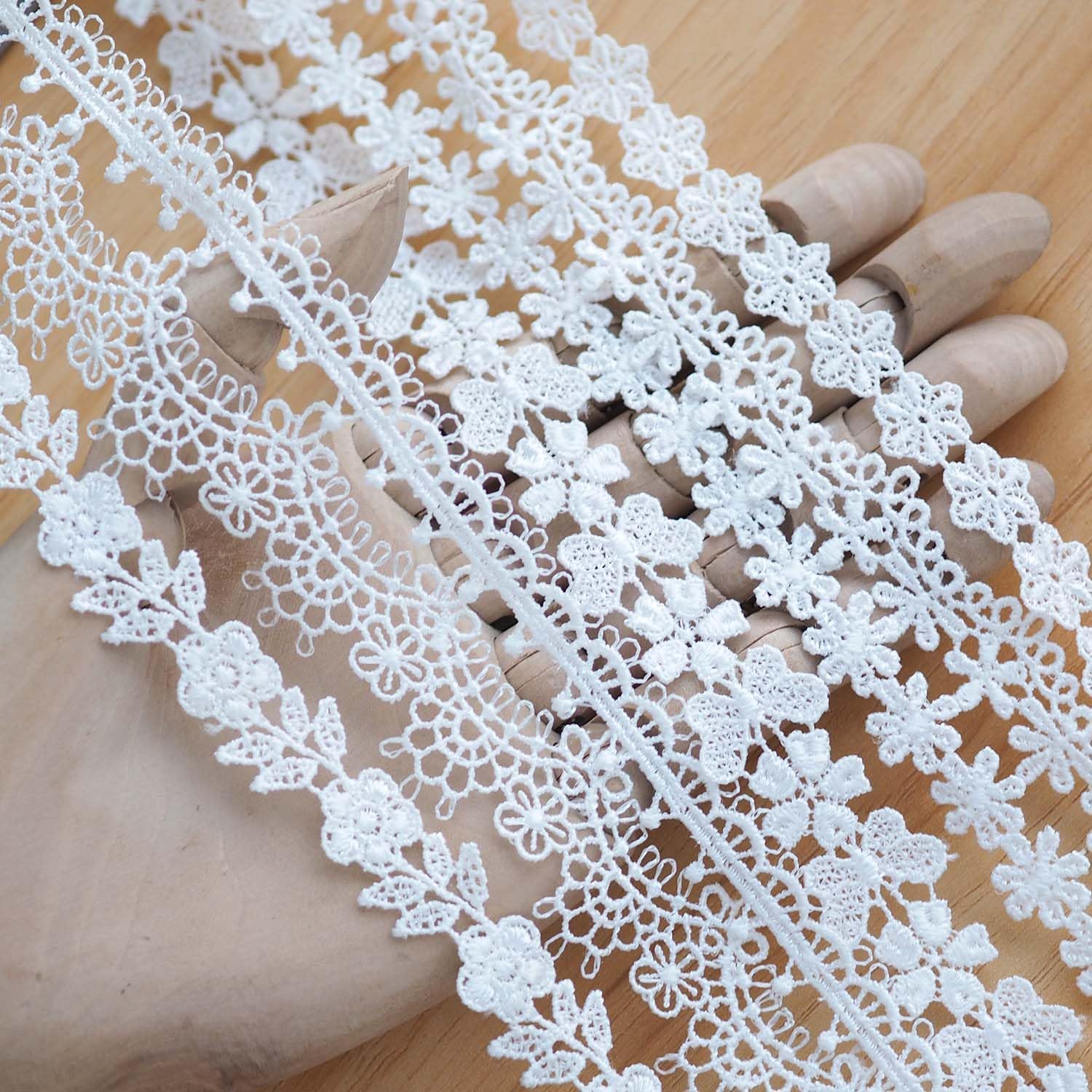 15 Yards(15 Types) Very Narrow Lace Trim Butterfly Flower Love Pattern for Doll Decor, DIY Crafting, Sewing, and Festive Holiday Home Accents Trim (White)