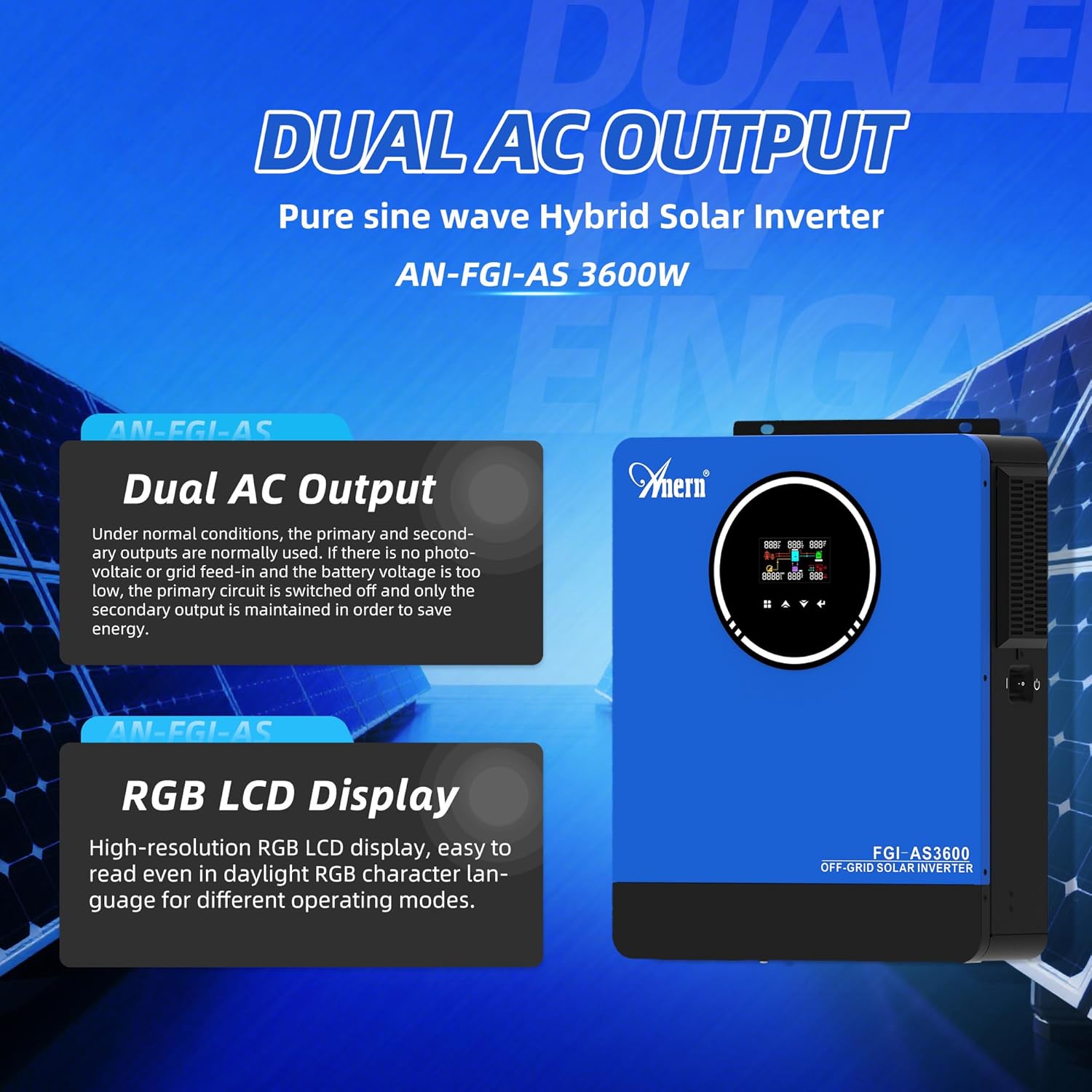 Inverter with dual AC output and RGB LCD display