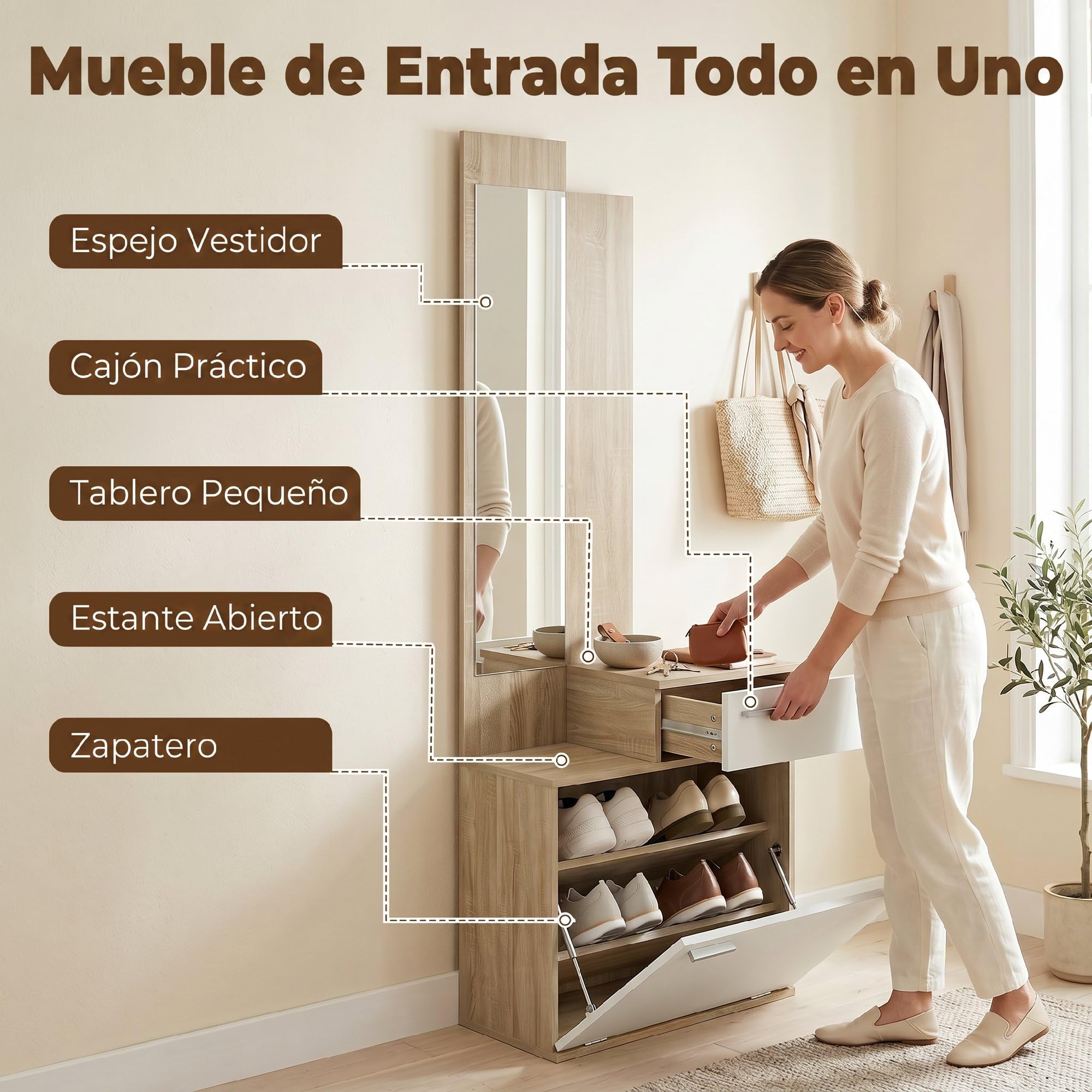 HOMCOM Recibidor de Entrada con Espejo Zapatero Abatible 61x30x170cm Blanco | Mueble Recibidor de 2 Piezas, Asiento, Cajón, Mesa Pequeña para Pasillo