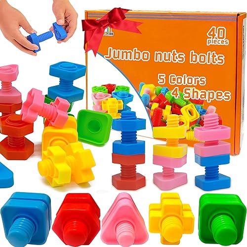 Jumbo juego de tornillos y tuercas con bolsa, 40 piezas, terapia ocupacional, incluida tarjeta de patrones, juguete de motor fino que empareja, para