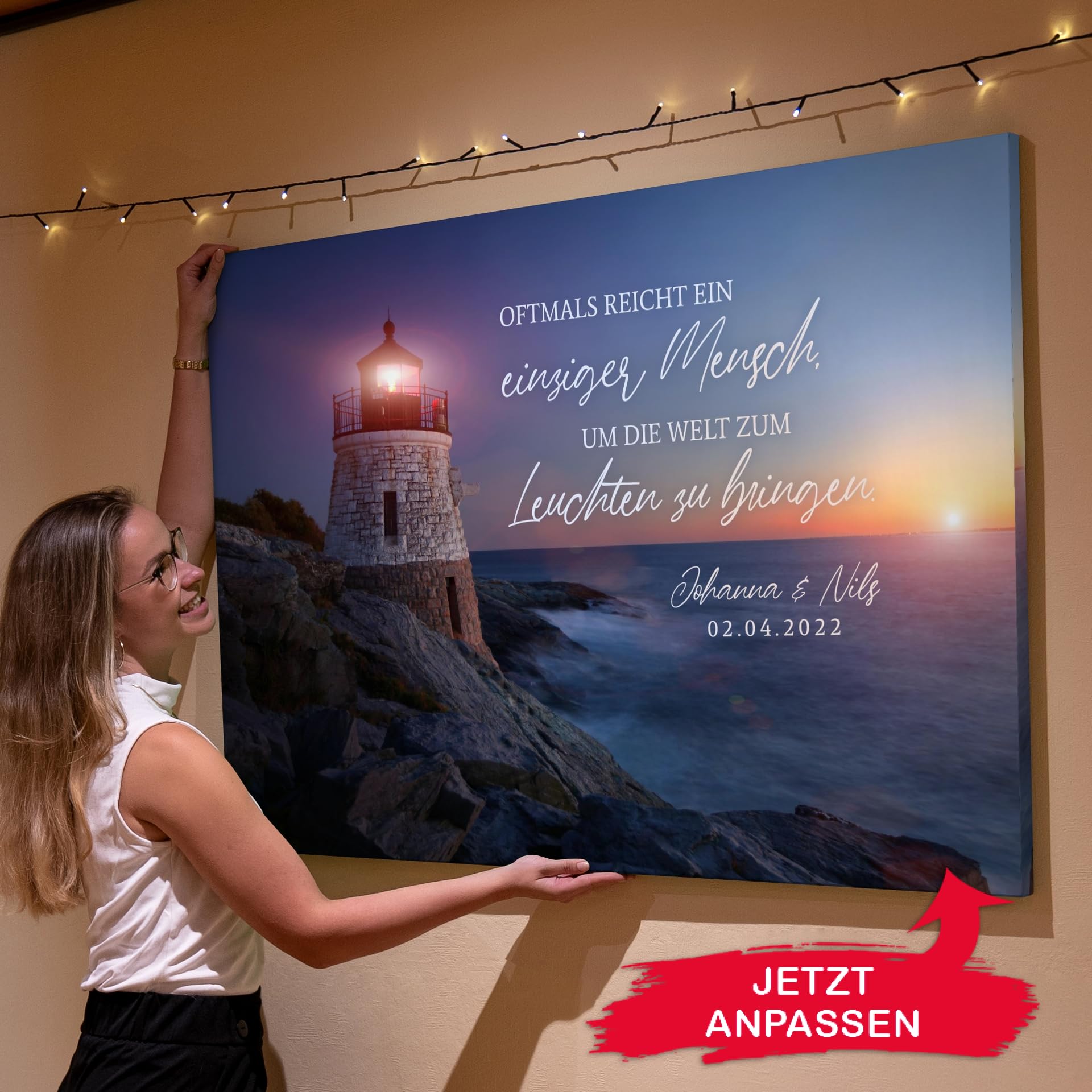 Liebesleinwand Das sind wir Leinwand: Leuchtende Welt | Leinwandbild mit Namen und Datum | Wandbild gestalten | Jahrestag Geschenk für Frau Freundin Mann Freund