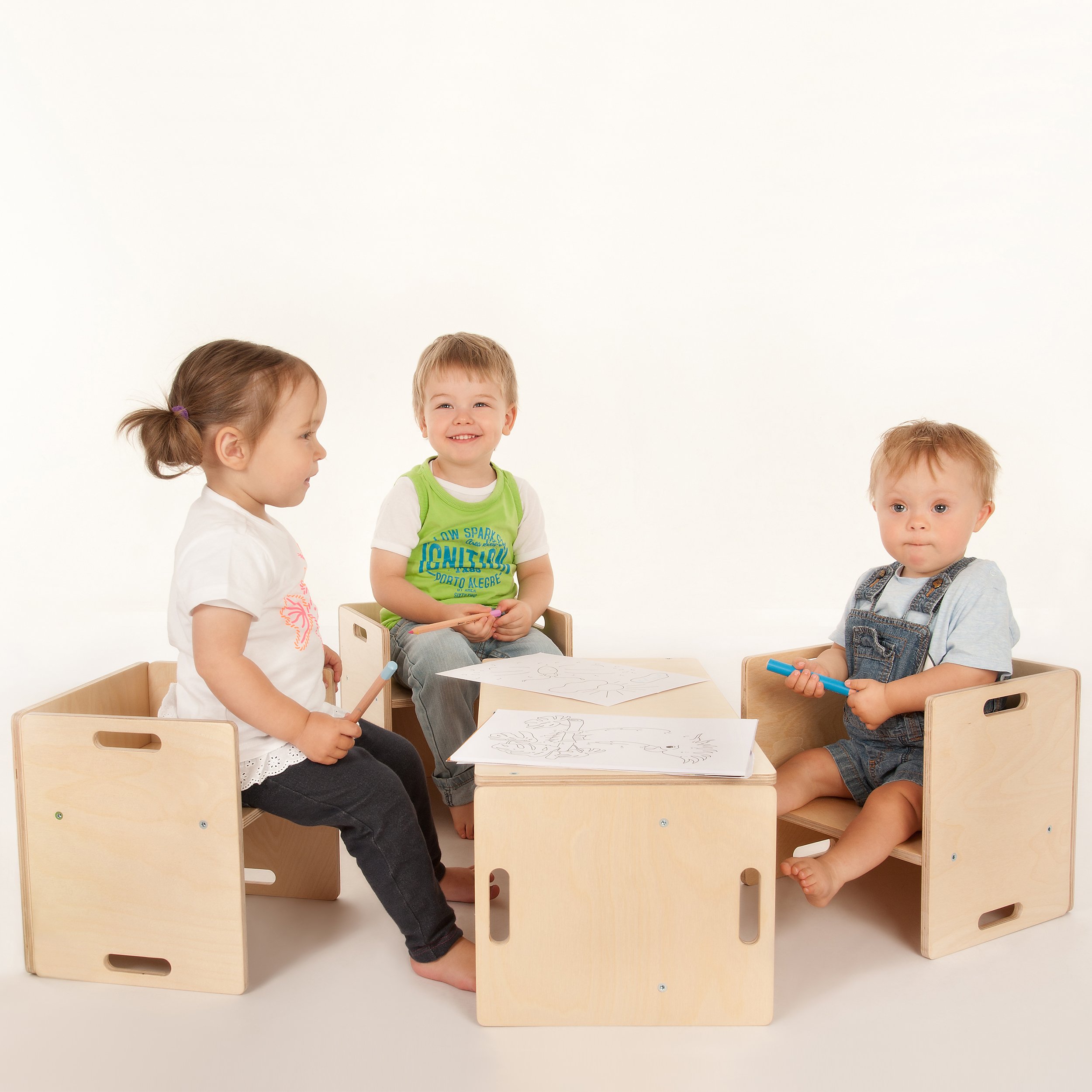 Kindermöbel – 2 Kinderstühle im Set - Sitzgruppe aus Holz – mitwachsende Möbel mit Wendehocker – aus Birken-Multiplexholz