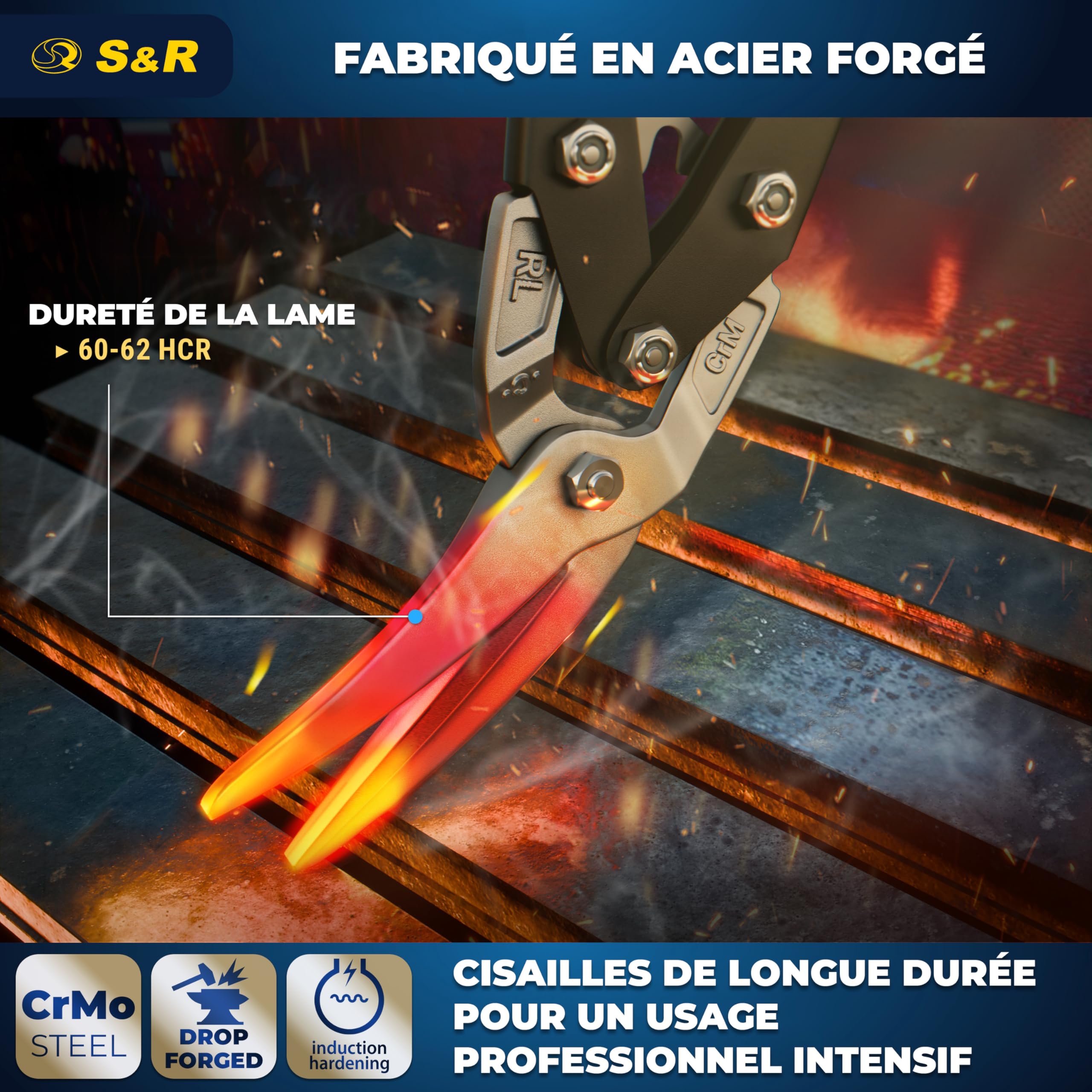S&R Cisaille à Tôle Cisaille Plaquiste Rail Placo Couvreur Aviation Professionnelle 280 mm – Coupe à Droite – Lames Longues Dentelées CrMo pour Acier, Inox, Aluminium et Métaux Colorés