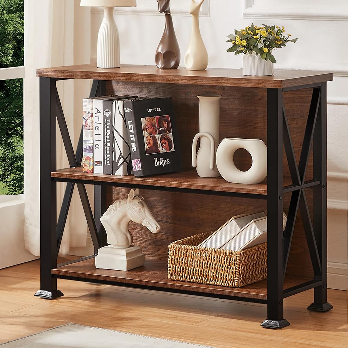 Hombazzar 3 Tier Bookshelf,35.4" Wide Short Bookshelf,Brown | Suitable for Office Living Room,Industrial Style,Sturdy X-shaped,Adjustable Feet, MDF Board & Metal,Easy Assemble