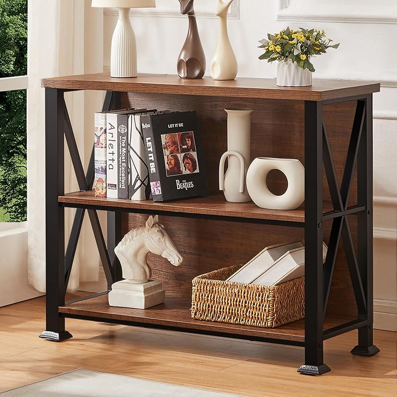 Hombazzar 3 Tier Bookshelf,35.4" Wide Short Bookshelf,Brown | Suitable for Office Living Room,Industrial Style,Sturdy X-shaped,Adjustable Feet, MDF Board & Metal,Easy Assemble