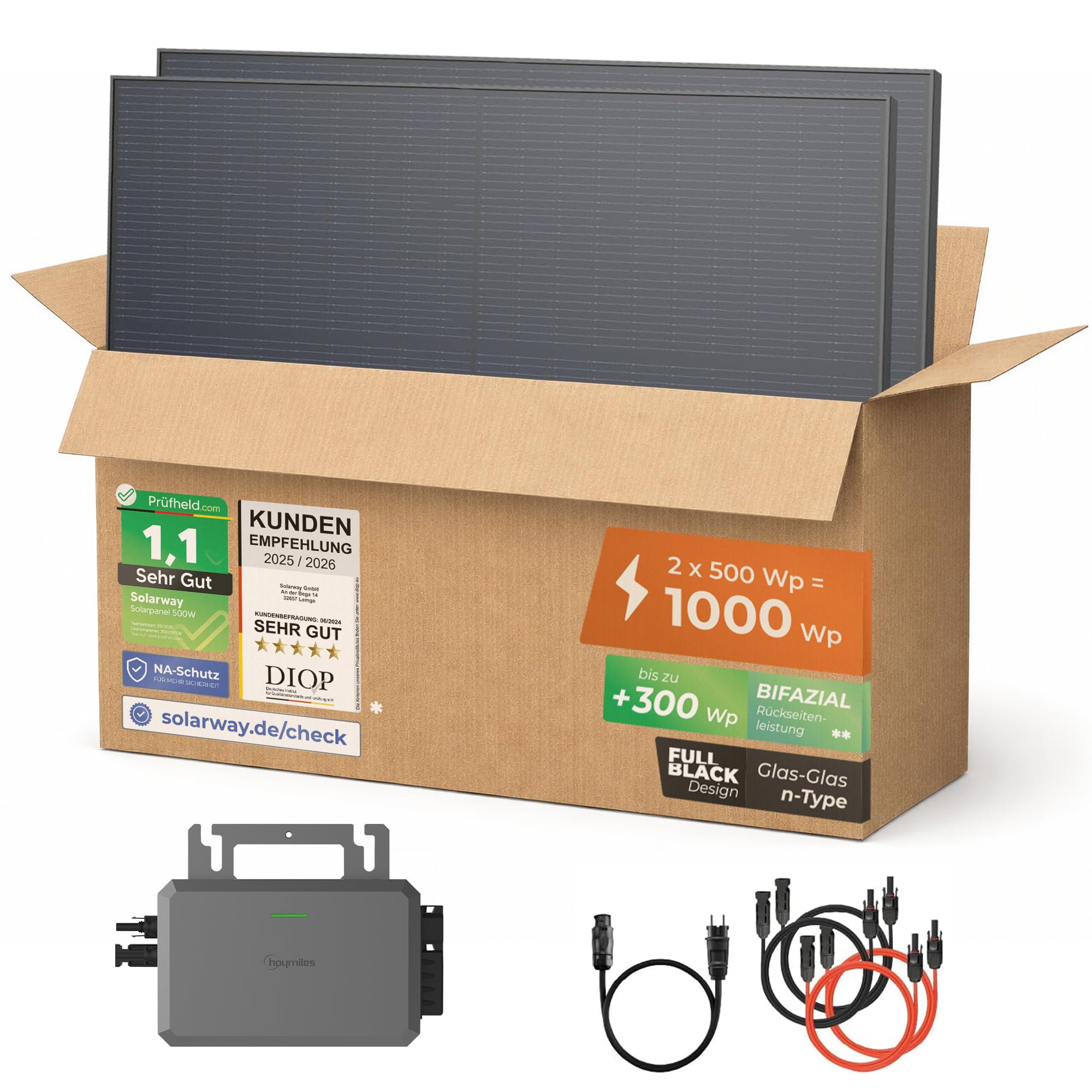 Solarway® Balkonkraftwerk 800W mit 1000Wp Solarmodulen – Komplettset mit Hoymiles HiFlow 800 Wechselrichter – 2× 500W bifaziale Black Solarpanels – Mini PV Anlage für Steckdose inkl. Zubehör