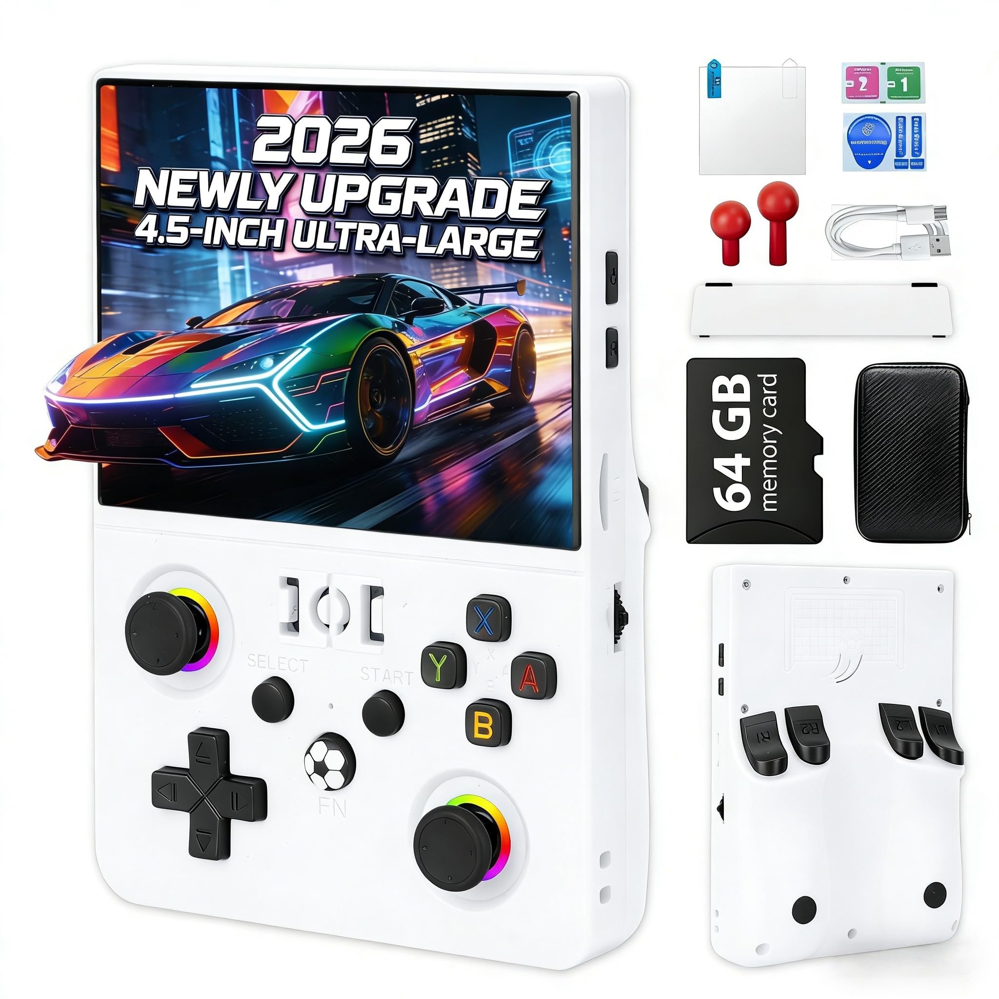 Blidinner 2026 NEW Upgrade R36MAX Ⅱ Retro Handheld Video Game Console-4.5 Inch Ultra-Large Screen,Support 18000+ Classic Games,64G TF Card,Linux System,4000mAh Battery,Birthday Gift for Friends-White — image 1