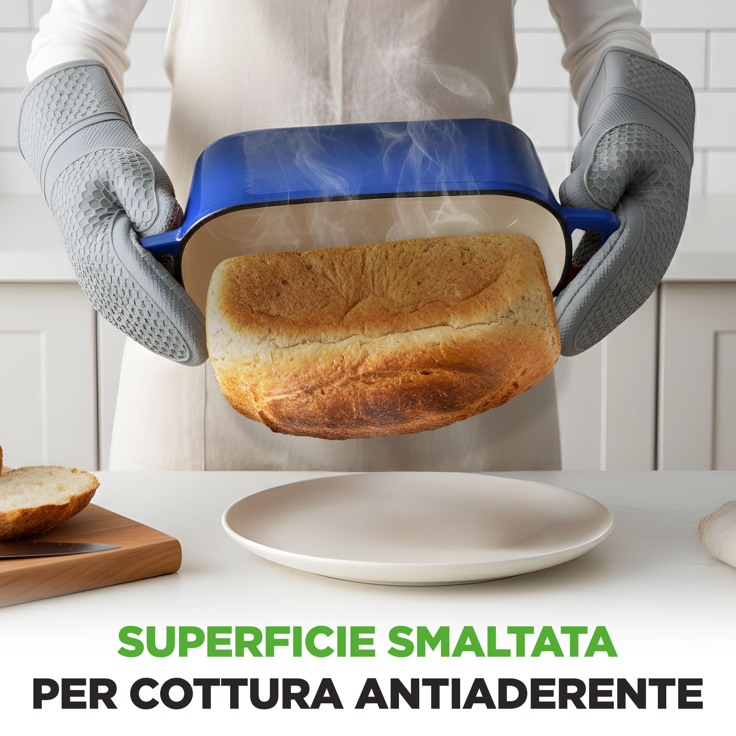 NutriChef Teglia per Pane in Cassetta 25 cm in Ghisa Smaltata con Coperchio e Guanti in Silicone, Stampo Pane in Cassetta Resistente al Forno 260 °C, per Cosce di Pollo, Spezzatino di Manzo, Lasagna