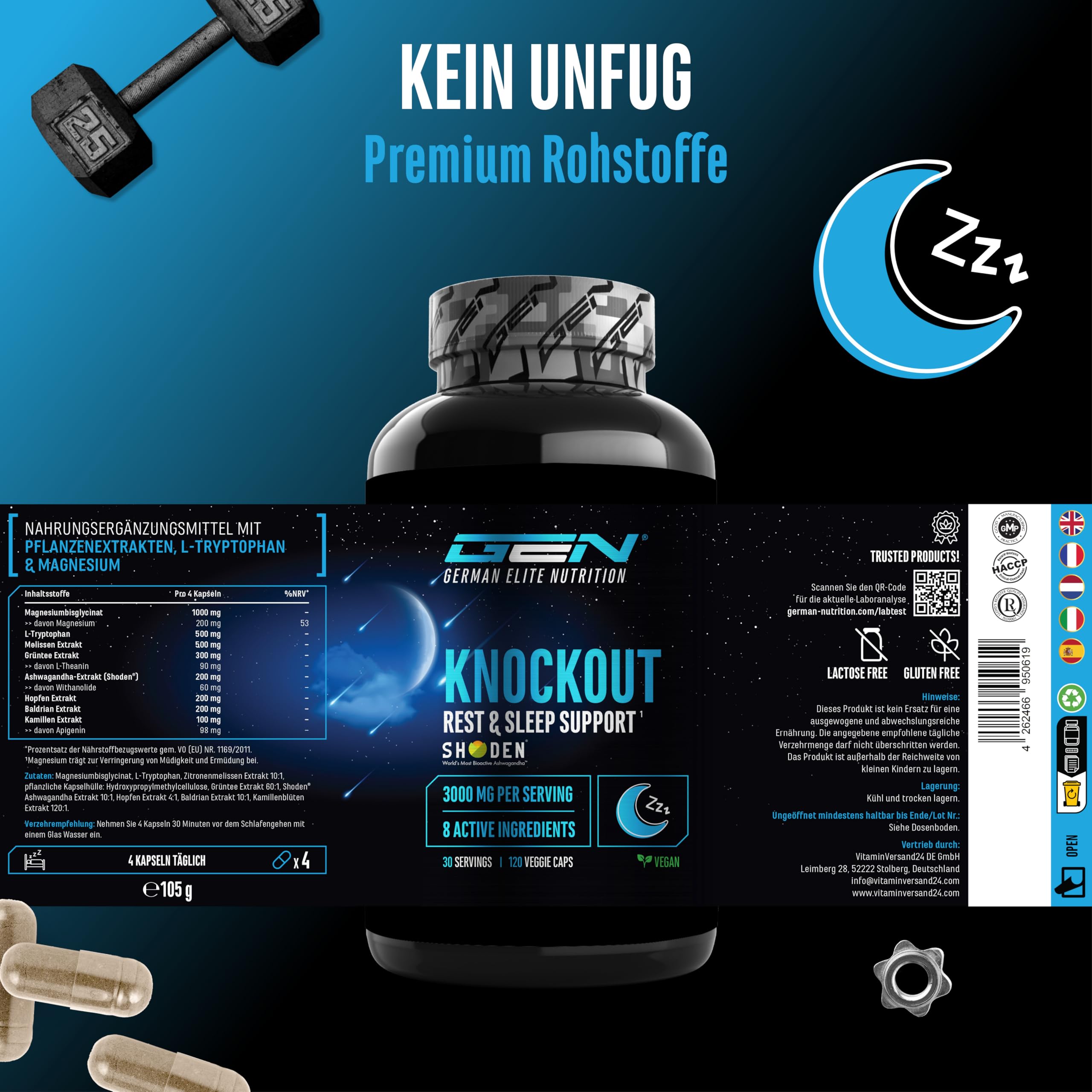 Knockout - Sleep & Recover Support - 120 Kapslen mit Shoden® Ashwagandha Extrakt, Magnesium, L-Tryptophan, natürliches L-Theanin aus Grüntee, Baldrian - Vegan