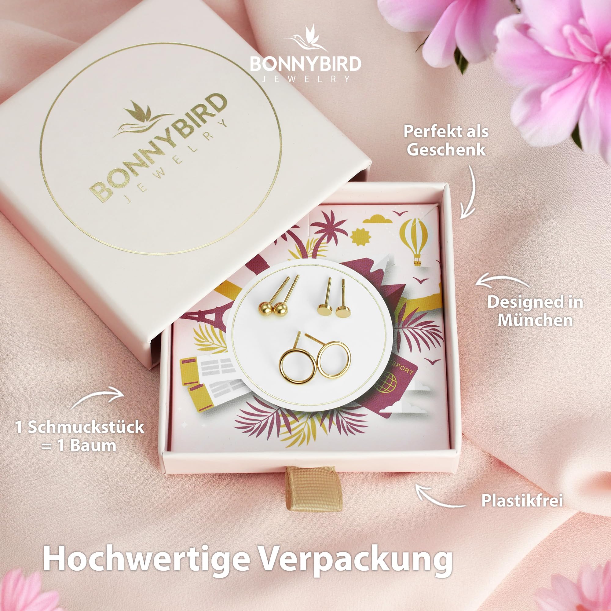 BONNYBIRD® Wasserfeste Edelstahl Ohrringe Damen in Silber, Gold & Roségold, Hypoallergen dank medizinischem Chirurgenstahl, Extra Leicht