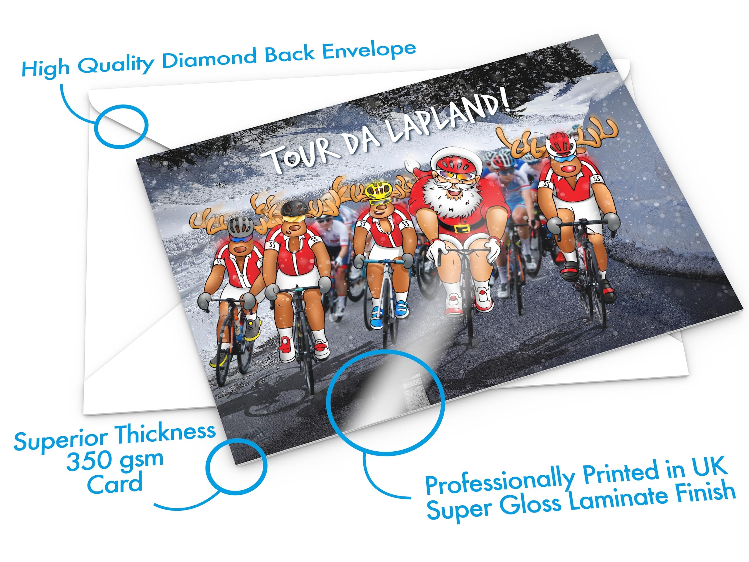 STREET SANTA - Tour da Lapland Cycling Christmas Cards - Pack of 6 Cards - Santa Cycle Race Design, Hand-Drawn UK Art, A5-Sized (210mm x 148mm), Gloss Finish, Blank Inside - Gift Bundle - Image 4