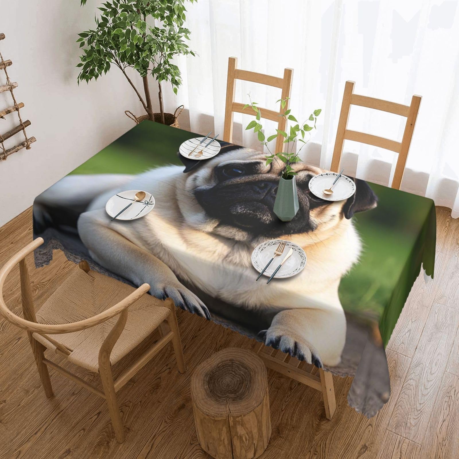 FodPand Pug Tablecloths for Rectangle Tables 54 x 72 Inch - Reusable Washable Dining Table Clothes - Stain and Wrinkle Resistant Decorative Fabric Table Cover for Wedding