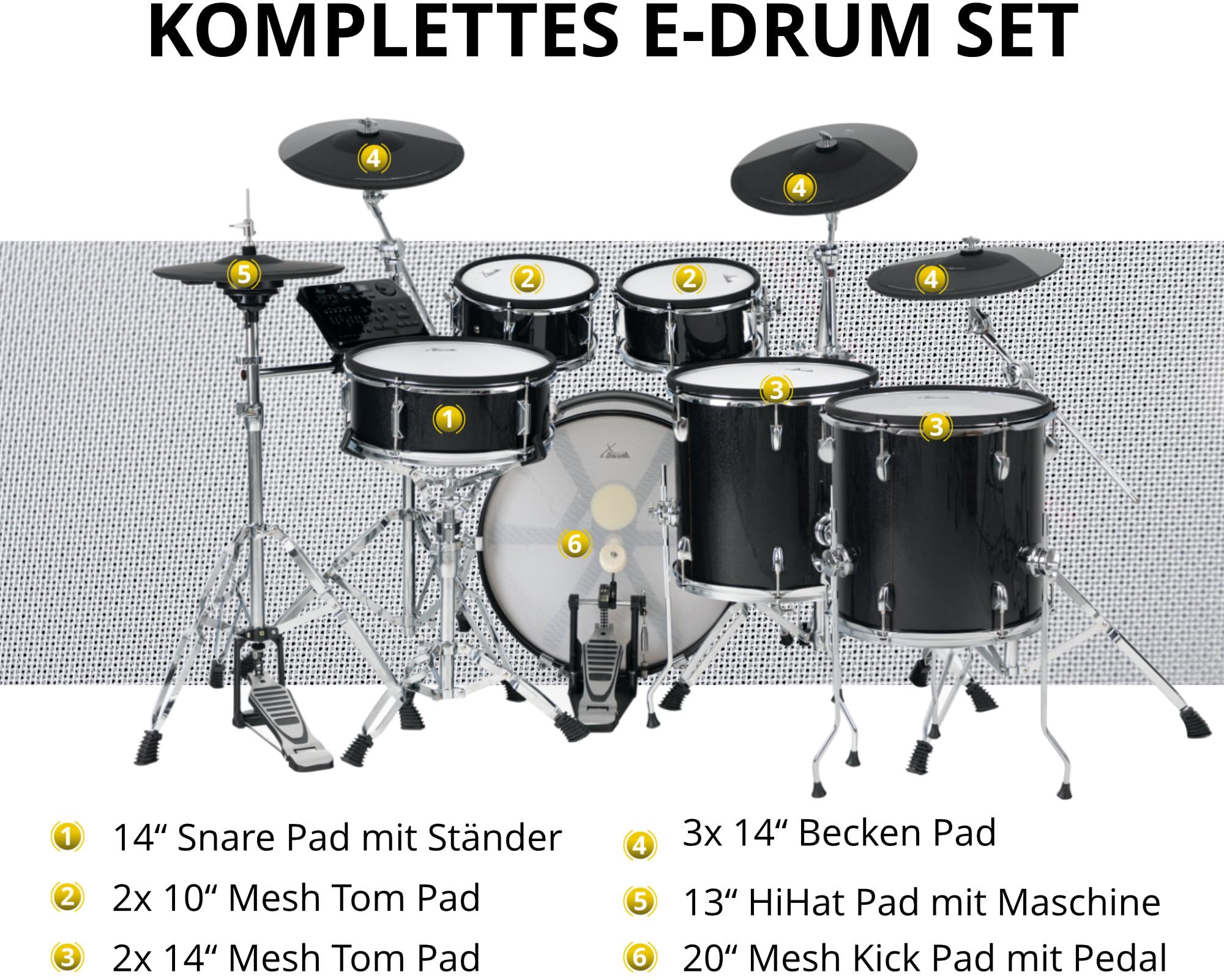 XDrum DD-670 PLUS Mesh E-Drum Kit - batteria elettronica con vera HiHat e casse in legno - pad rullante 14" e pad cassa 20" - 720 suoni, 20 kit utente - incl. hardware - Black Sparkle