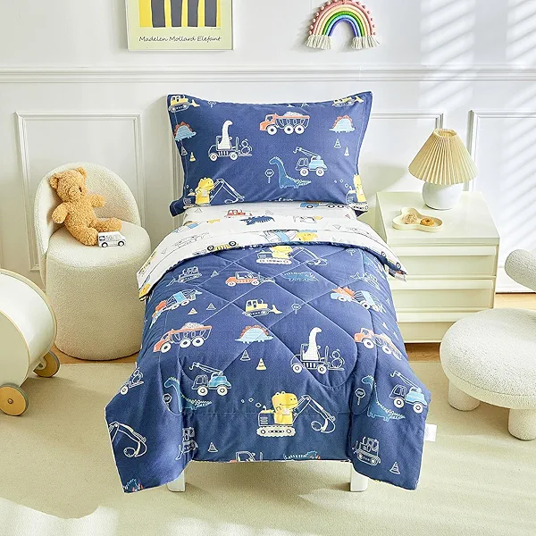 DuShow Dinosaur Toddler Bedding Set,4 Pieces Cotton Comforter Set for Boys,4 Piece Crib Bed Sheet Set,Super Soft and Comfortable-Navy Blue
