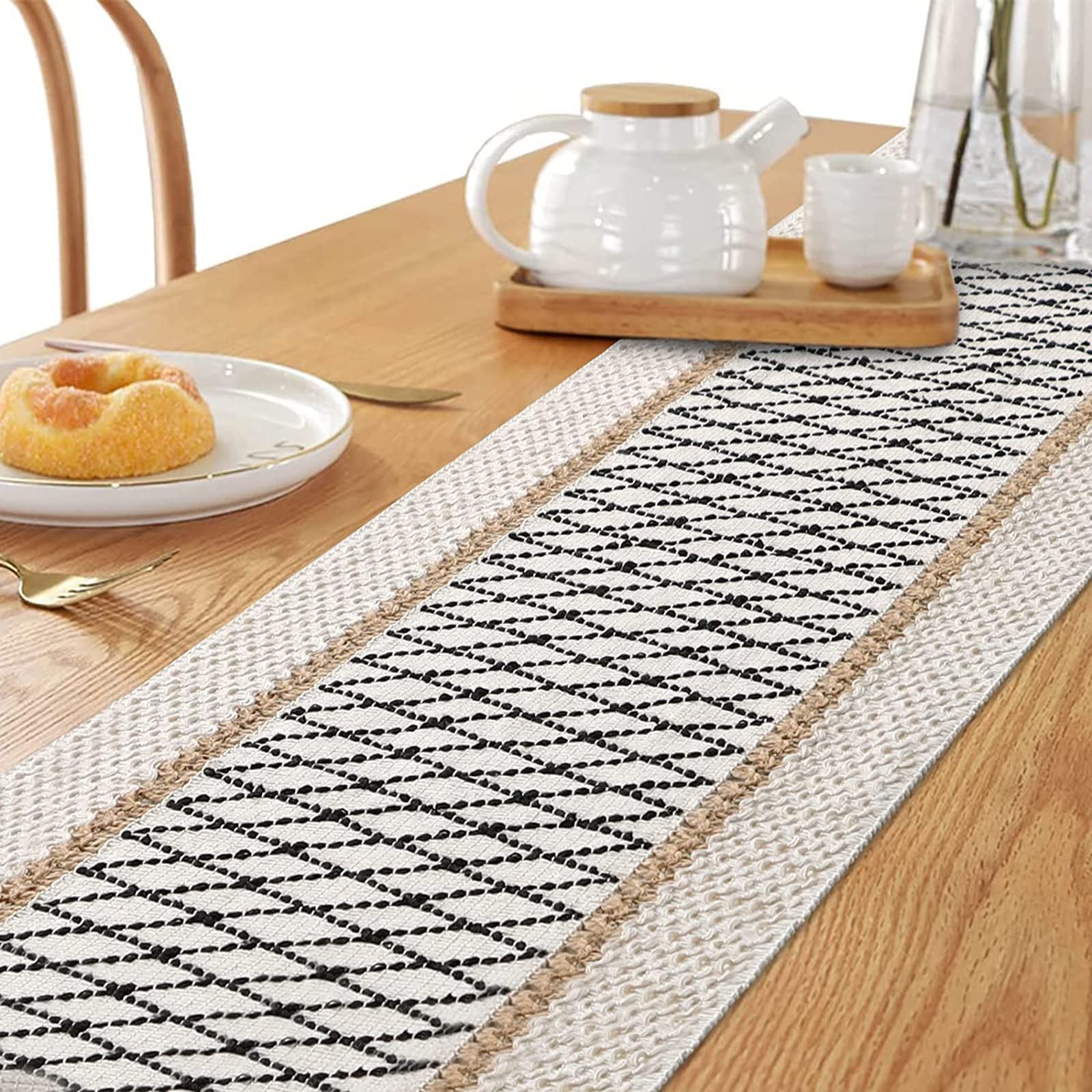Chemin de table à franges en coton et lin, chemin de table géométrique en tissu tissé à la main, chemin de table décoratif rustique pour table de cuisine bohème (couleur : blanc, taille : 30 x 270 cm