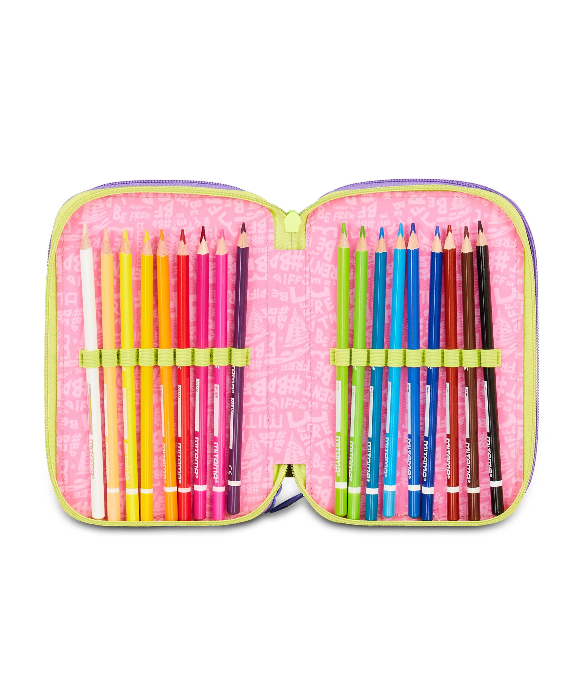 Mitama Astuccio Scuola 3 Scomparti, TRIPLO MUSIC STICKER, Contenuto 47 pz, Completo di Matite, Pennarelli, Portapenne Scuola Elementare Bambina