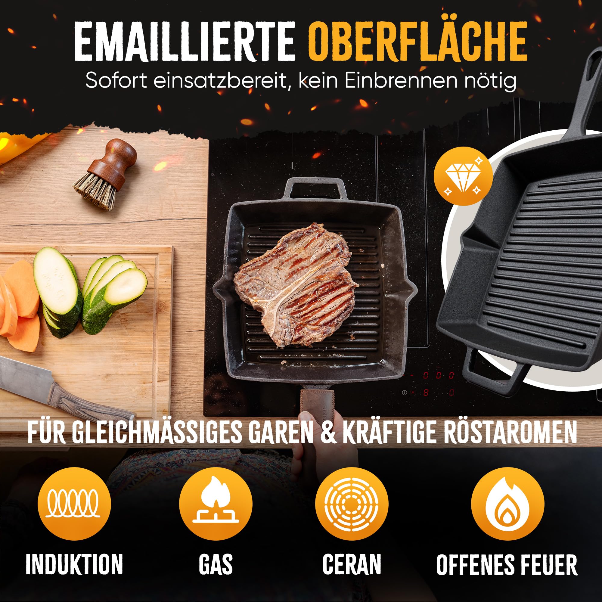 Grillpfanne Gusseisen emailliert [26 cm] Kein Einbrennen nötig | Eckige Steakpfanne mit Rillen zum Grillen - für alle Herdarten, Ofen, Induktion | Grill-Pfanne mit Reinigungsbürste