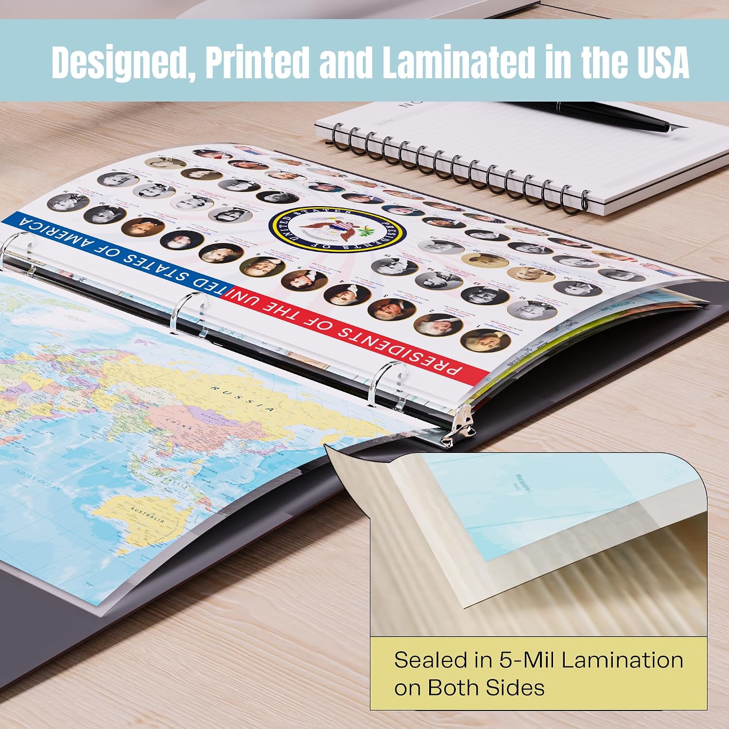 U.S. Presidents & U.S. Vice Presidents Reference Page – Laminated, Double-Sided 3-Ring Binder Insert – Durable Gloss Historical Chart for Study (5 Pack)