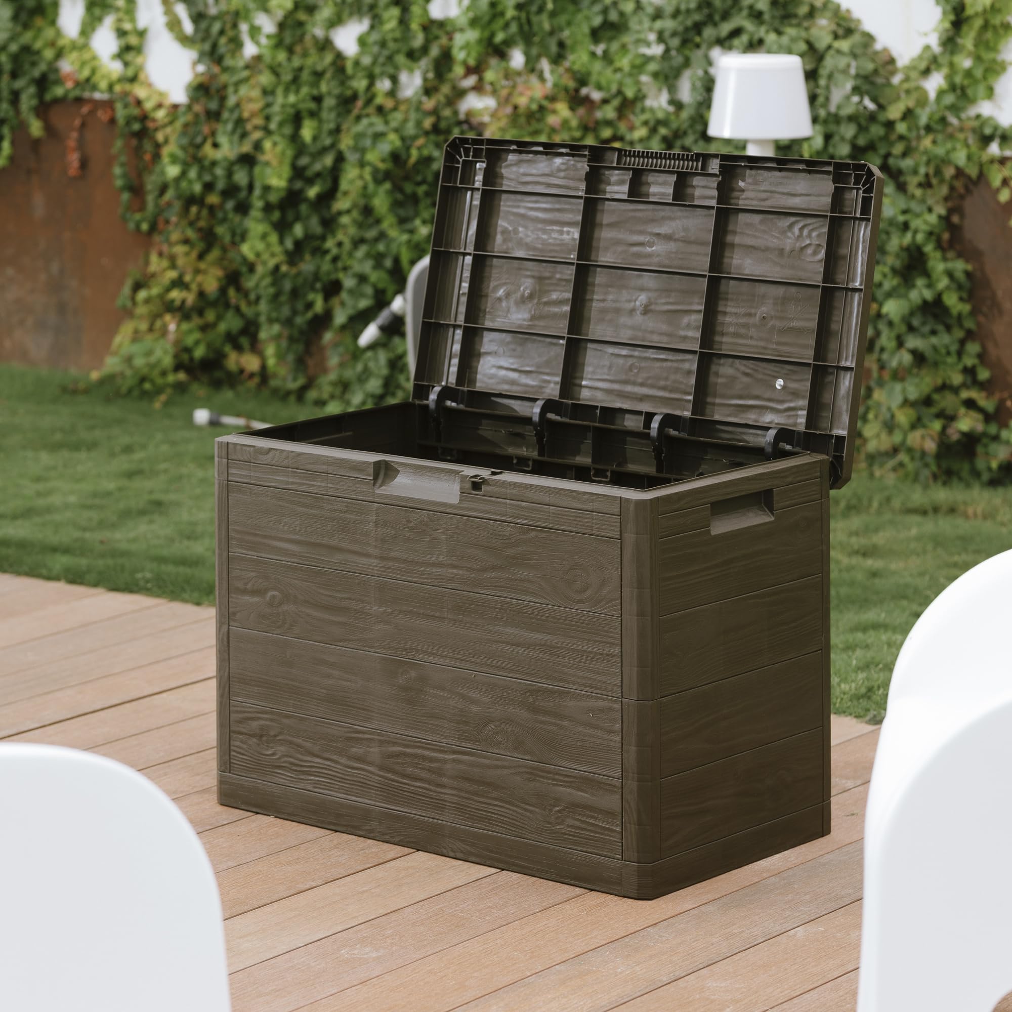 Toomax Truhe Multibox Woody's 160L Gepäckträger für den Außenbereich, Holzoptik, Maße 77,5 x 44,5 x 52,7 cm, Braun