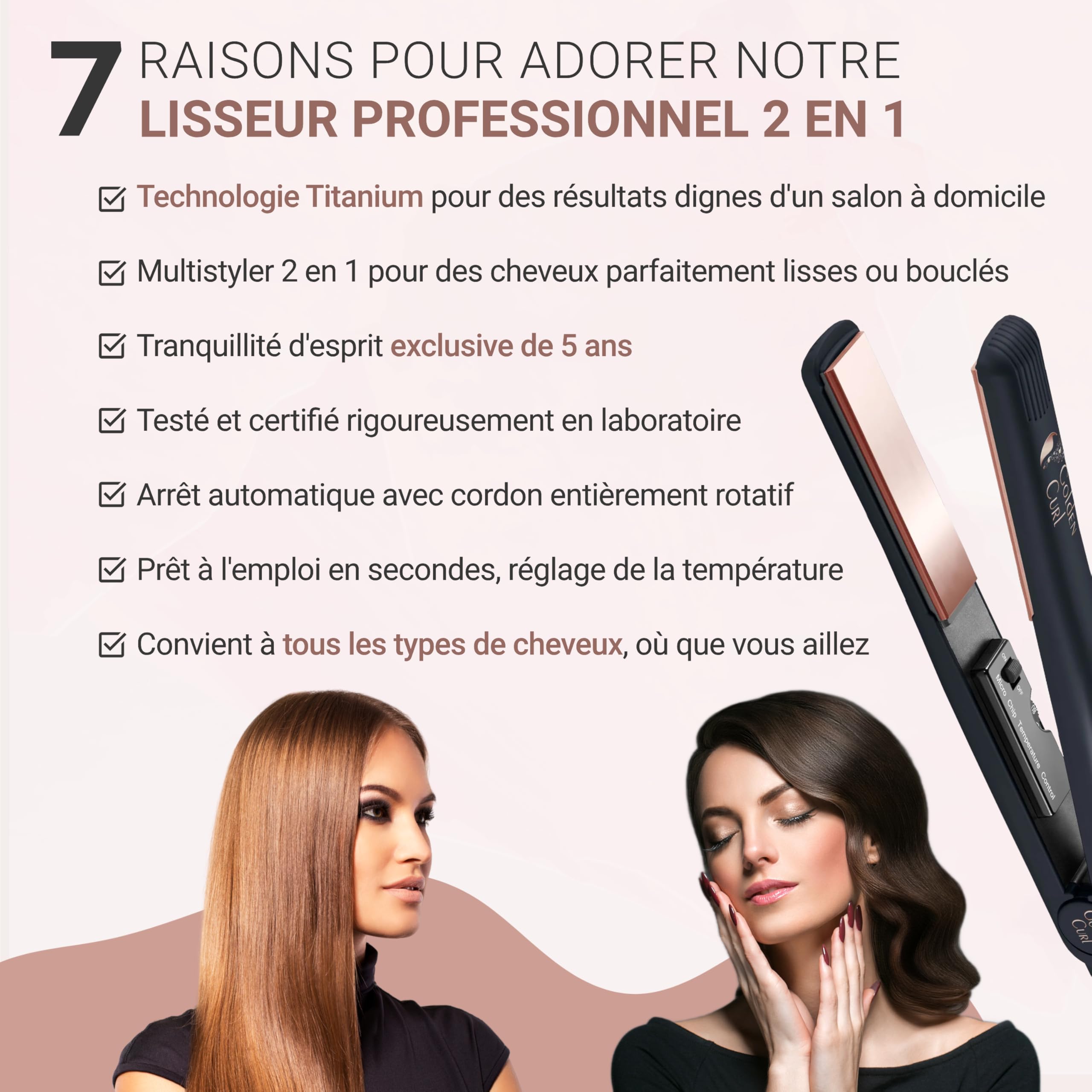 Golden Curl Fer Lisseur Cheveux Professionnel pour Lissage Facile et Rapide | 5 Ans de Tranquillité, Fer à Lisser et Boucleur 2 en 1, Appareil Coiffure Hair Straightener pour Lisser et Boucler (Or Rose)