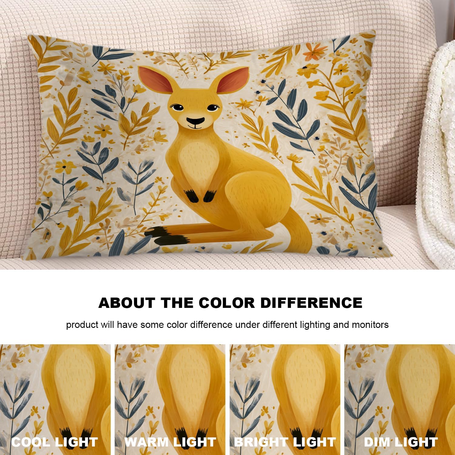 Cute Kangaroo Throw Pillow Covers, Light Yellow Kangaroo with Flowers Cushion Cover Digital Blended Hidden Zipper Decorative Pillowcases for Bedroom Lumbar 20X26 in 2 Pcs