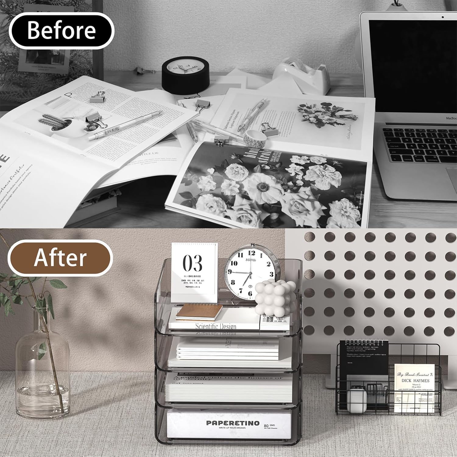 FANXIYQ 4-Tier Acrylic Paper Tray Organizer | Clear Stackable Desk Organizer for Documents, Letters, A4 Paper | Modern Office/Classroom/Home Organization,Brown