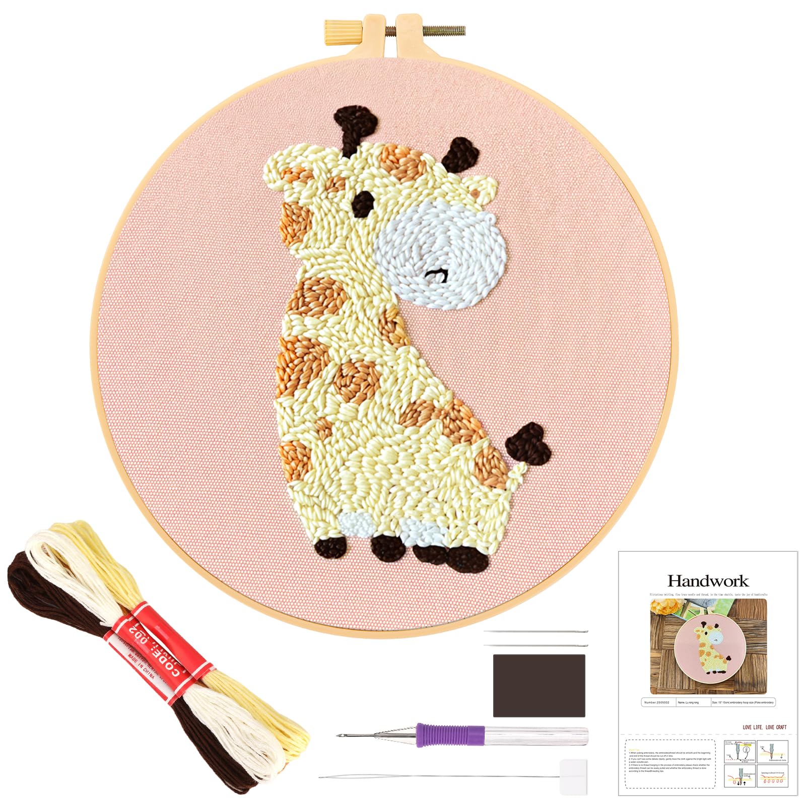 JSRQT Giraffe Punch Needle Kit for Beginners, Small Easy Punch Needle Embroidery Craft Kit for Adults Kids, Stamped Cross Stitch Starter Set with Tool, Handmade Rug Hooking Beginners with Instruction