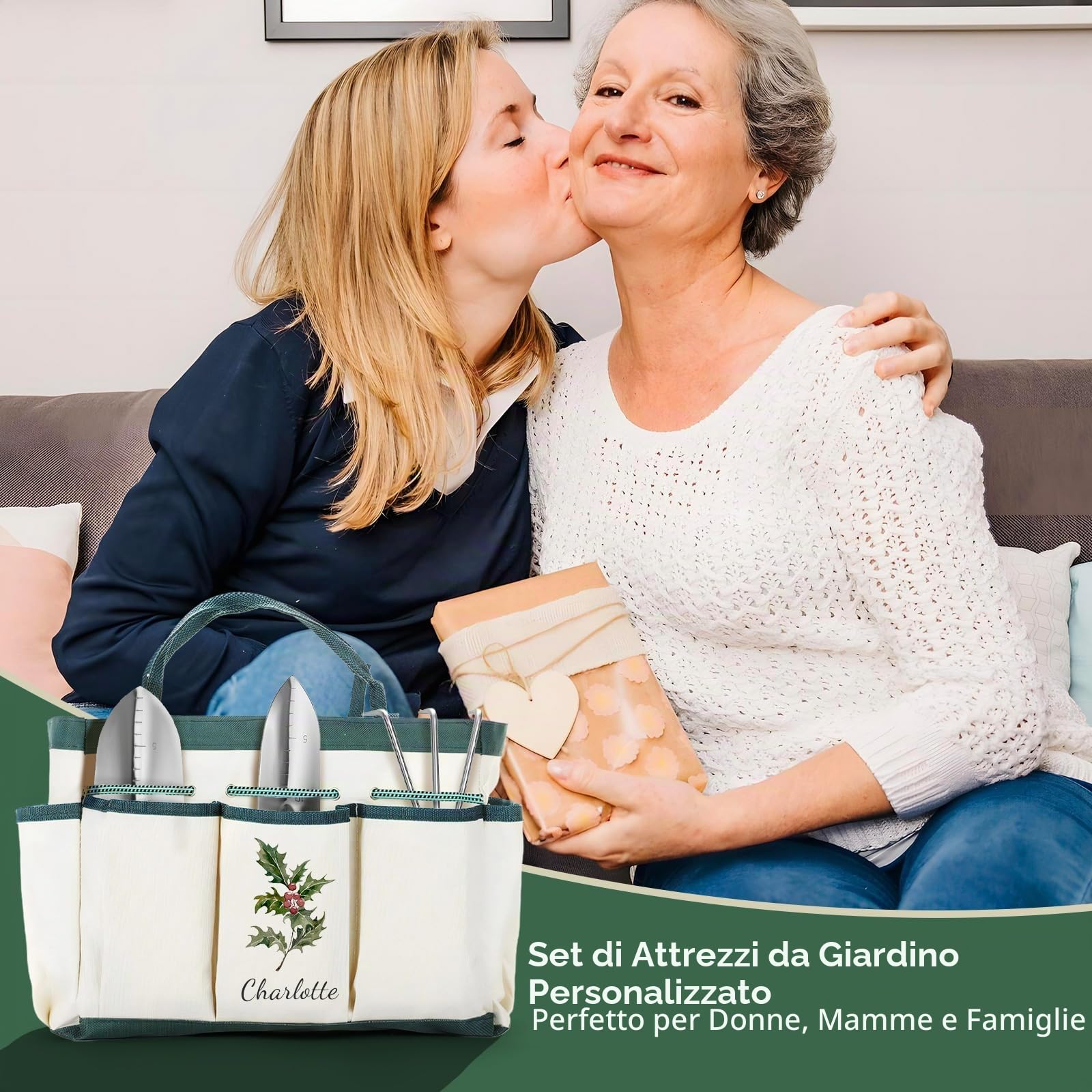 Set di Attrezzi da Giardinaggio Personalizzati, Kit di Forniture da Giardinaggio, Regali da Giardinaggio per Donne, Borsa Organizzatore per Attrezzi da Giardino con Fiore di Nascita e Nome