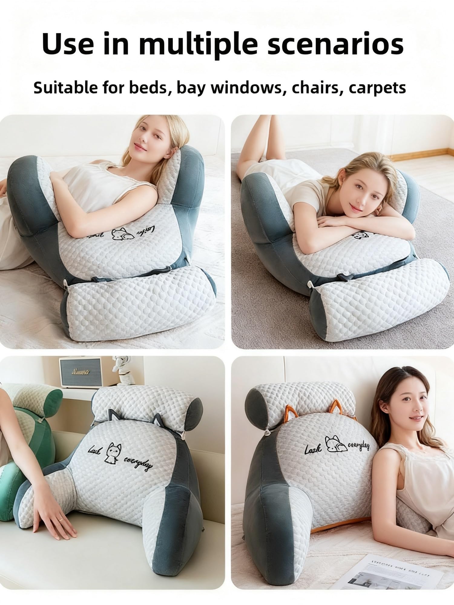Lesekissen mit Armlehnen 80x60cm Bohnensamt grau, Groß Kristall-Plüsch Rückenkissen für Bett & Sofa, Ergonomisches Rückenstützkissen mit Nackenstütze zum Lesen & Gaming