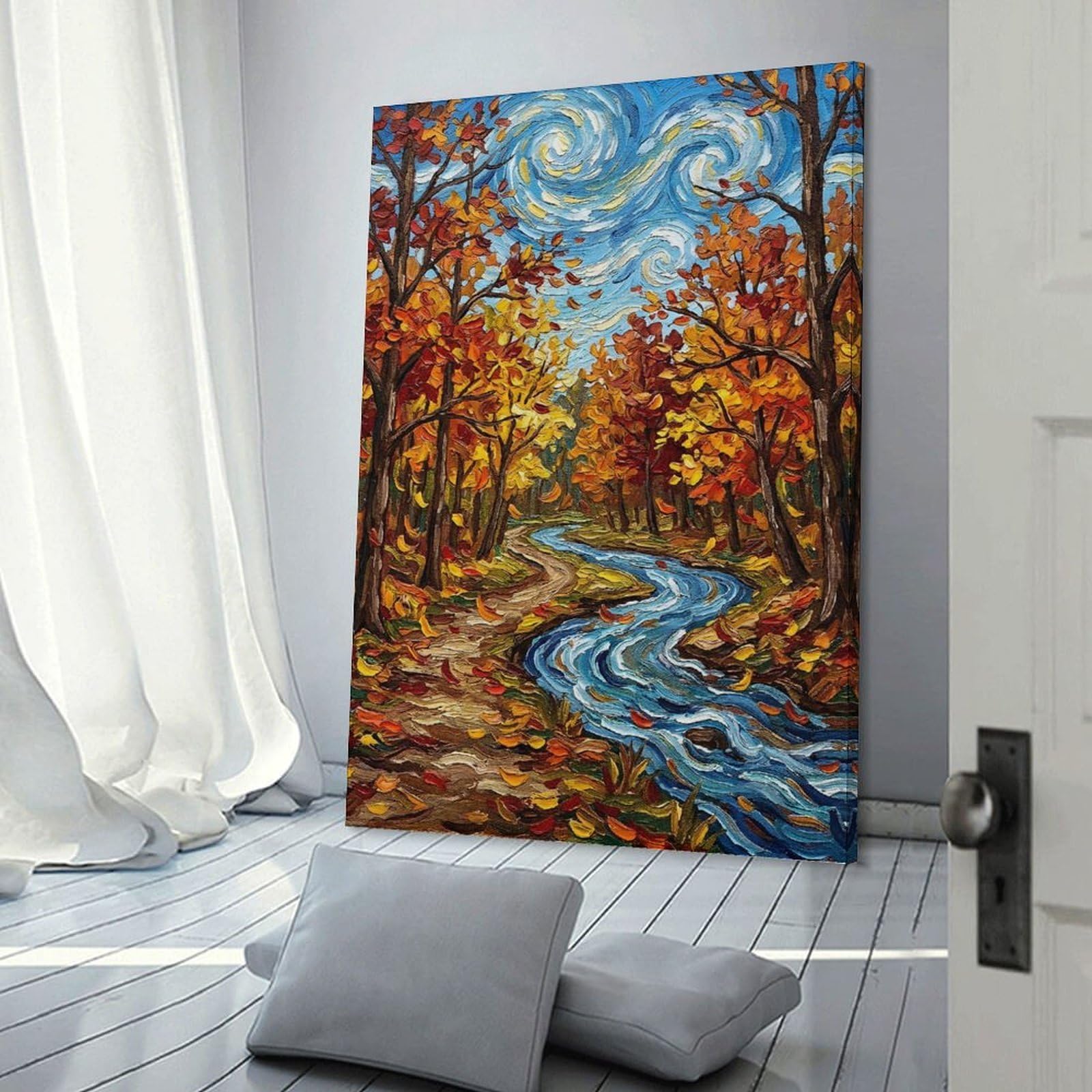Junmoney Room Decor Wall Art Autumn Forest Stream Painting, 08x12inch(20x30cm), for Home Office, Desk Area Or Studio, An Interior Accent for Desk Areas