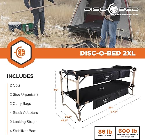 Miniatura 6 de Disc-O-Bed Litera XXL de 87.5 x 44.5 x 46 pulgadas, cama doble plegable portátil con literas para acampar con 2 organizadores y 2 bolsas de