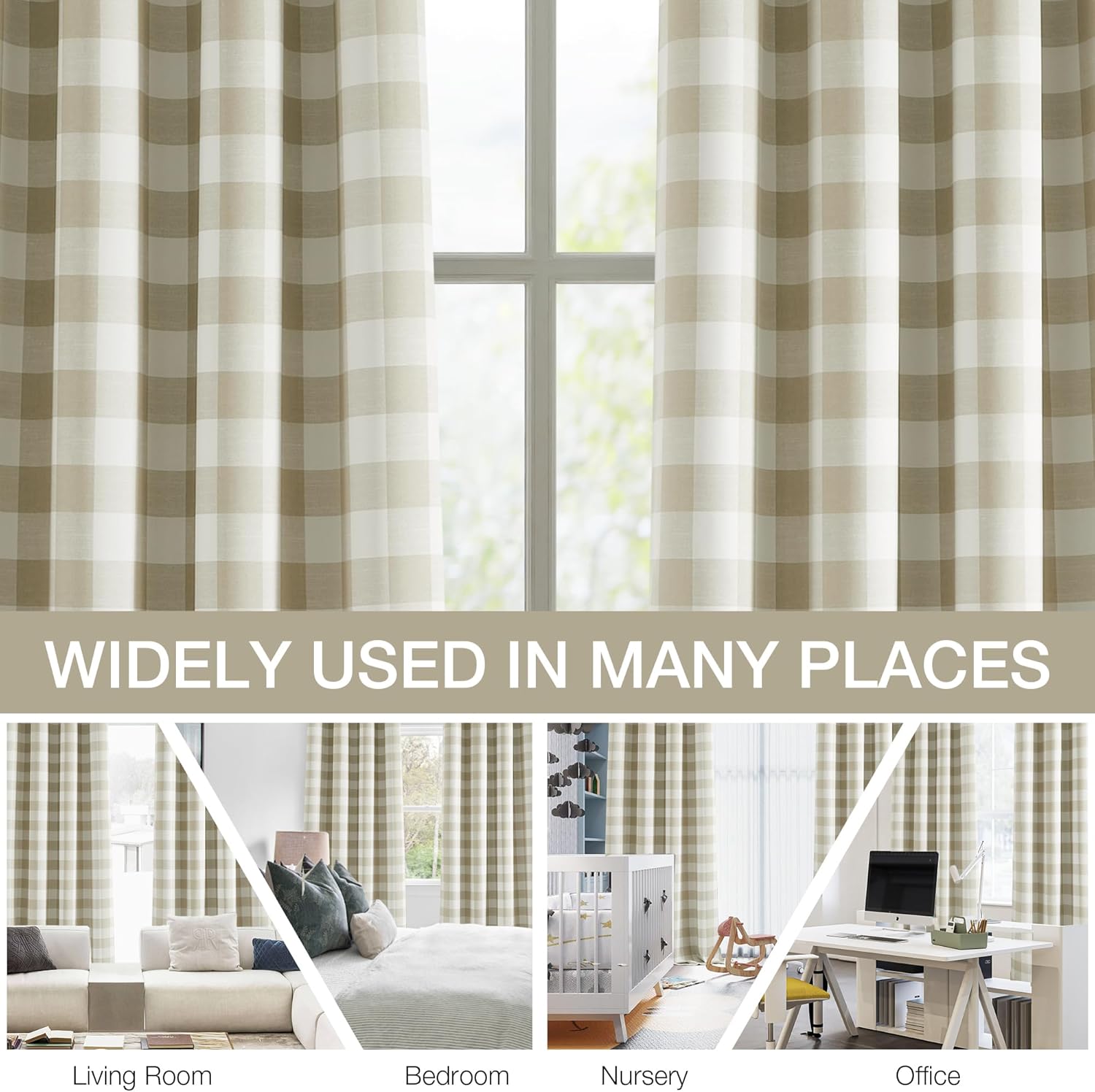 Buffalo Checkered 90% Blackout Curtains for Bedroom Living Room Plaid Gingham Thermal Grommet Top Drapes,Farmhouse Country Style Energy Efficient Room Darkening 2 Panels 52x63 Inch,Beige/White
