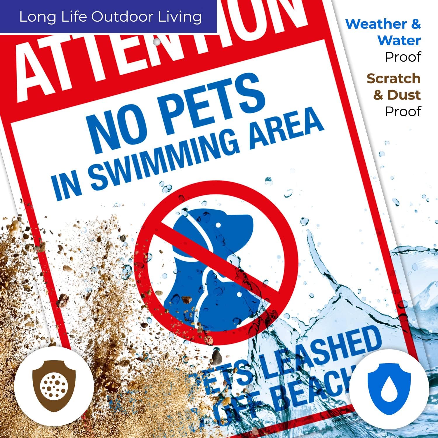 Attention No Pets in Swimming Area Keep Pets Leashed and Off Beach Sign, 18x24 Inches, 55 mil Thick HDPS (high Density polystyrene), Made in USA