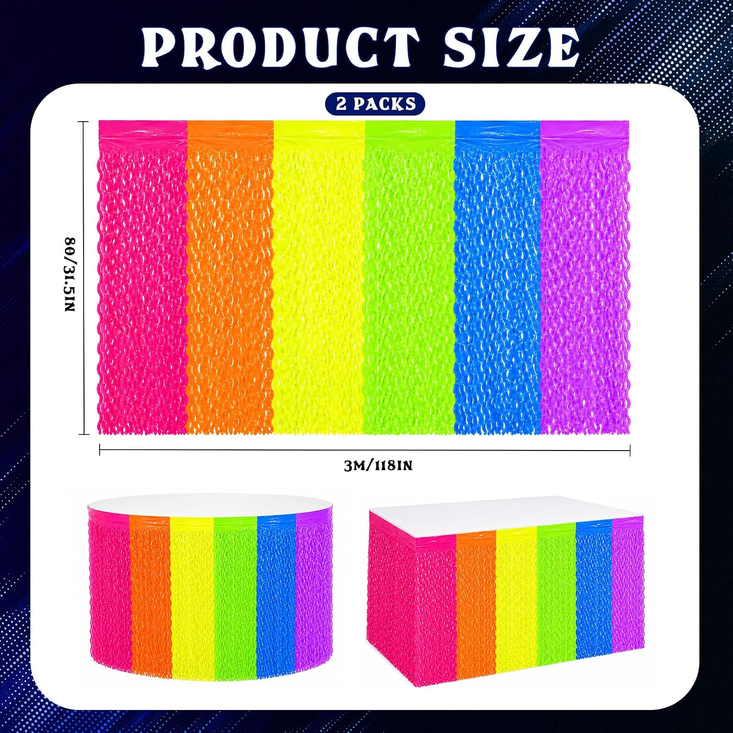 Yquqwn 2 Pack Glow in The Dark Tinsel Fringe Table Skirt Neon Foil Party Supplies 31.5"x118" UV Reactive Metallic Tinsel Foil Fringe Table Skirts 6 Colors Table Streamer Curtain Backdrop Party Decor