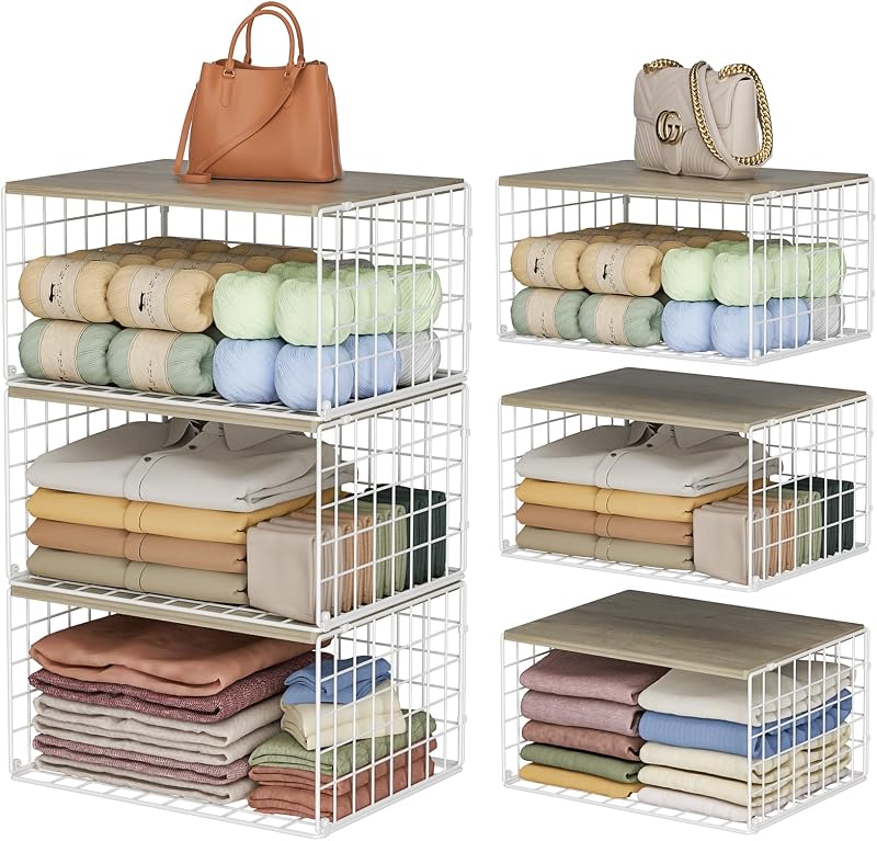 Extra-Long, Low-Profile Closet Organizers and Storage with Wood Top, 3 Pack Stackable Closet Shelf Organizer, Space-Saving Clothes Storage Bin for Wardrobe & Bedroom & Small Spaces, Sturdy White