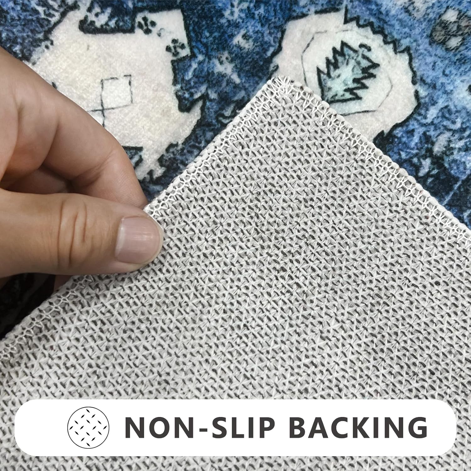Washable Runner Rug 2'x8' Non Slip Boho Kitchen Runner Rug with Rubber Backing, Low Pile Soft Faux Wool Vintage Runner for Kitchen, Bedroom, Laundry, Entryway Indoor - Blue