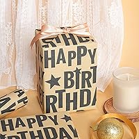 Vista 6 de RUSPEPA Rollo de papel de regalo de cumpleaños, mini rollo, texto de feliz cumpleaños negro en negrita con diseño de estrellas, papel de regalo