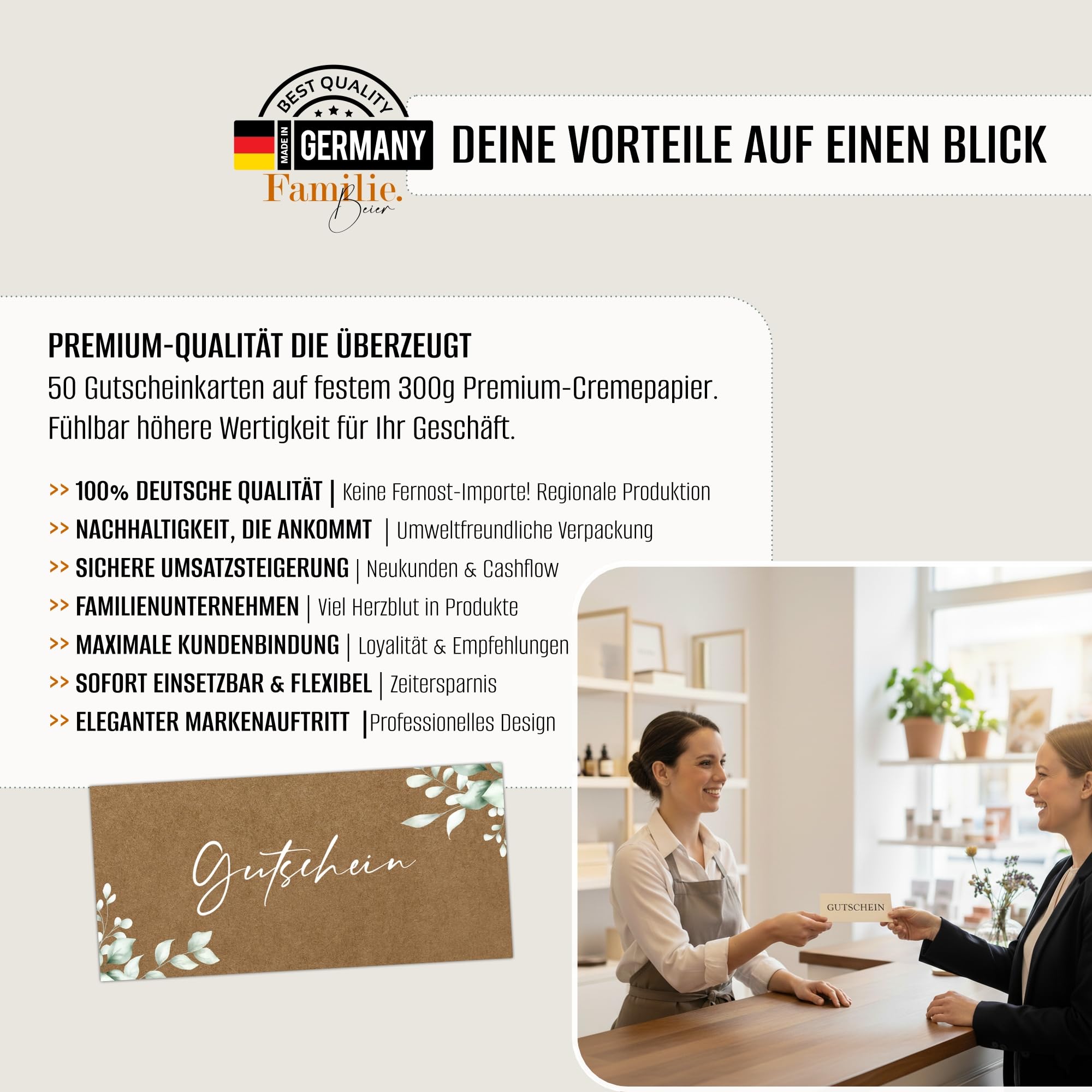 Gutscheinkarten zum Selbstausfüllen (50er Set, DIN Lang) | Blanko Gutschein zum Ausfüllen als Vorlage für Massage, Kosmetik, Friseur und andere | Gutscheinvorlagen Neutral und Edel