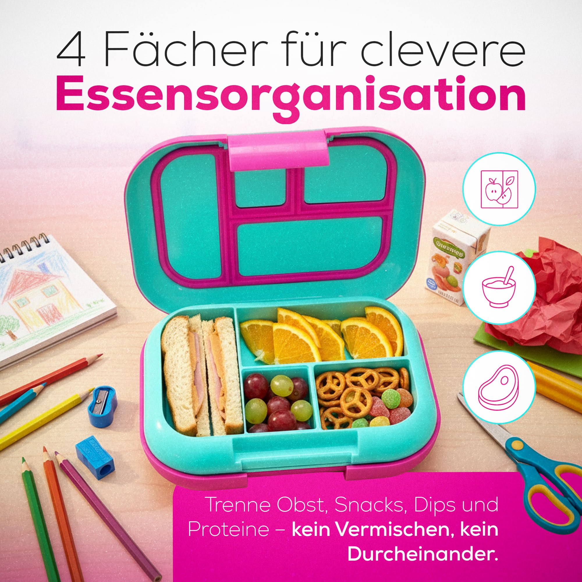 Boîte à bento étanche à 4 compartiments avec pack de glace intégré, capacité de 3,3 tasses sans PFAS et BPA, passe au micro-ondes et au lave-vaisselle. Taille idéale