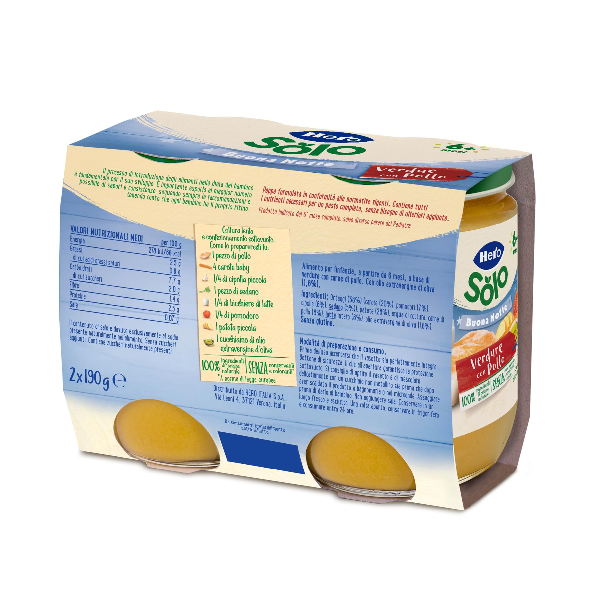 Hero Solo Pappa Completa Verdure con Pollo, Ideale per la Cena - Scalda e Gusta - con Olio Extravergine di Oliva - Per bambini dai 6 mesi - 6 x (2x190 g)