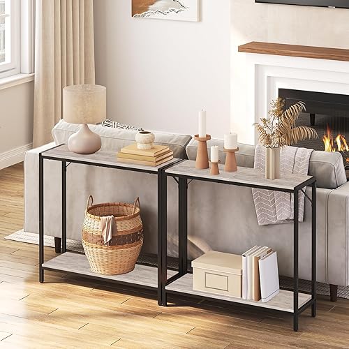 Miniatura 18 de Mesa consola, mesa de entrada de 2 niveles, detrás de la mesa del sofá, estilo industrial, resistente y estable, para sala de estar, entrada,