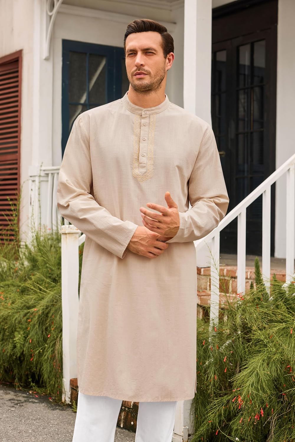 Runcati Mens Kaftan Thobe Button Down Casual Henley Shirts Long Sleeve Robe Cotton Linen Muslim Gown Shirt - Image 2