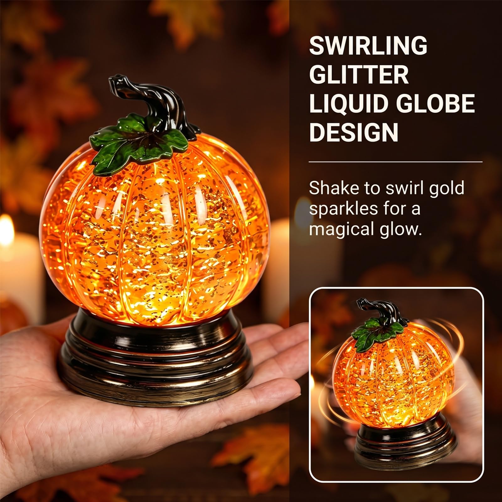 Globo neve zucca illuminato glitterato, simpatico globo neve autunnale | Centrotavola autunnale Halloween con calda luce LED arancione, decorazione caminetto Ringraziamento for casa, tavoli(2pcs)