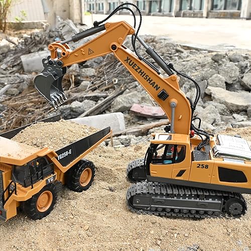 Miniatura 4 de Excavadora de control remoto para niños, excavadora RC con 2 baterías recargables, luces de pala de metal y sonidos de 2.4 GHz, mejor juguete