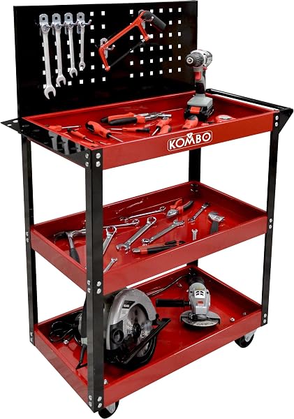 KOMBO - Carrello Portautensili con 3 Ripiani, Pannello Forato 5 Ganci, Ruote Piroettanti e Maniglia – 81x35x110 cm – Portata 150 Kg, Struttura in Acciaio Verniciato Bicolore - 1