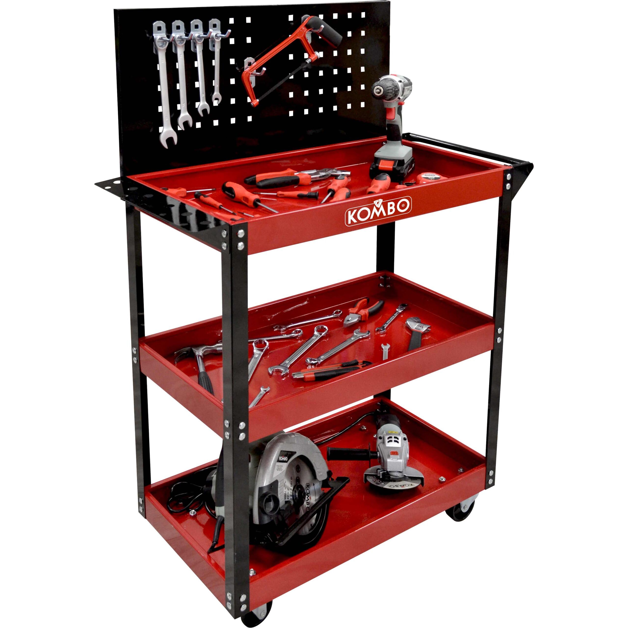 KOMBO - Carro portaherramientas con 3 estantes, panel perforado con 5 ganchos, ruedas giratorias y asa – 81 x 35 x 110 cm – Capacidad de carga: 150 kg, estructura de acero pintado bicolor