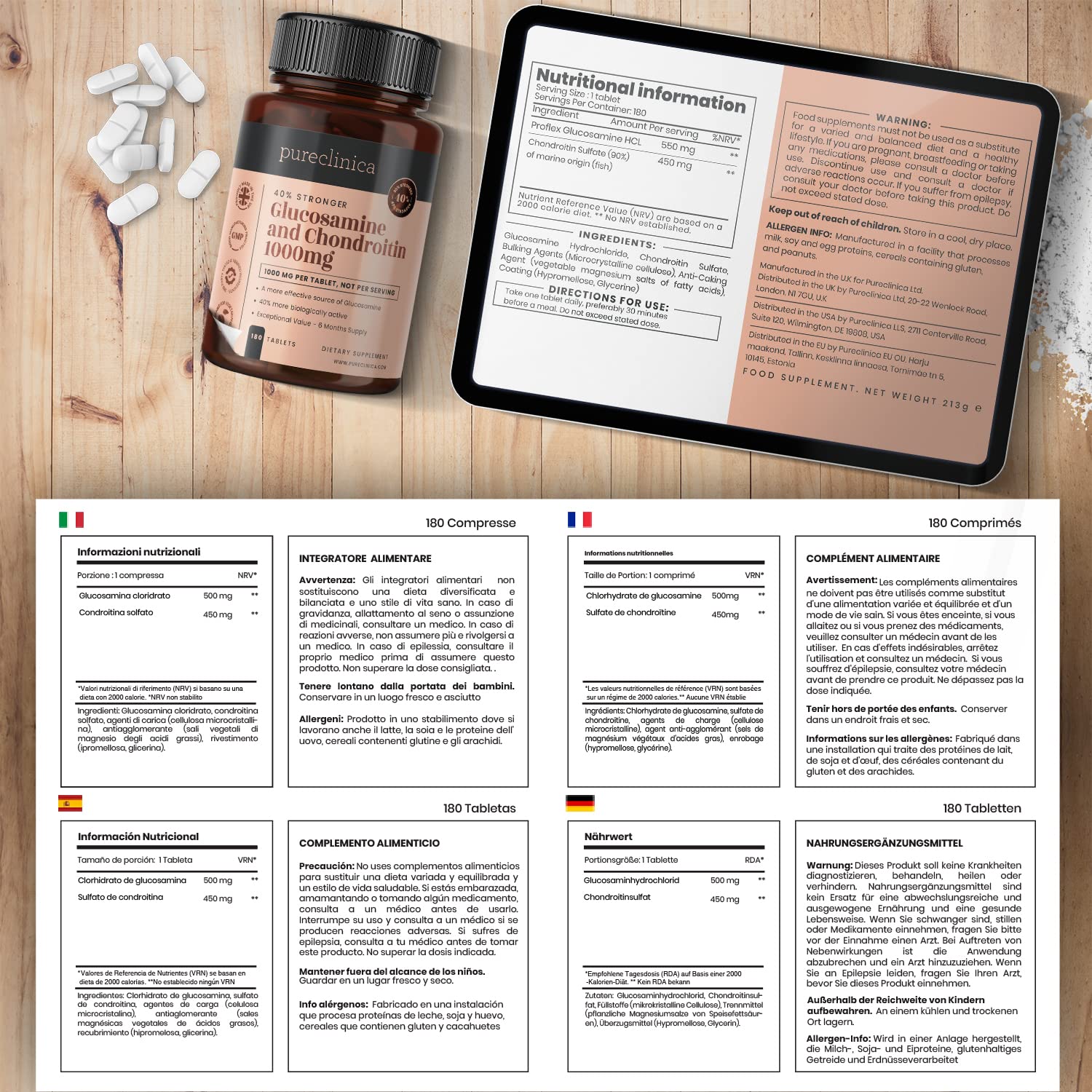 Pureclinica Glucosamine HCL & Chondroitin (1000mg x 720 tablets - 12 months supply). The most effective and biologically active: Chondroitin 90%, Glucosamine HCL 83.1%